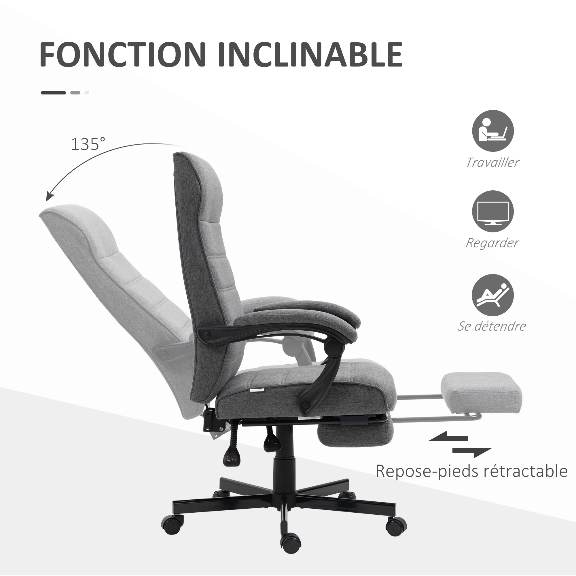 Fauteuil de bureau ergonomique, chaise de bureau, pivotant, inclinable, en tissu aspect lin avec accoudoirs, hauteur réglable et repose-pied rétractable, gris - Image 6