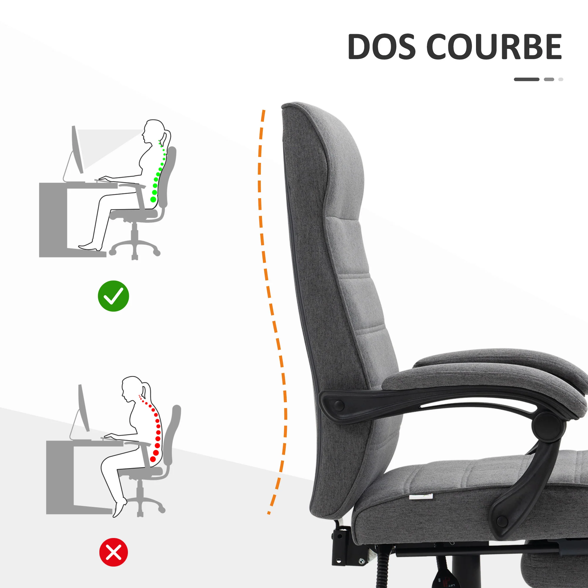 Fauteuil de bureau ergonomique, chaise de bureau, pivotant, inclinable, en tissu aspect lin avec accoudoirs, hauteur réglable et repose-pied rétractable, gris - Image 9