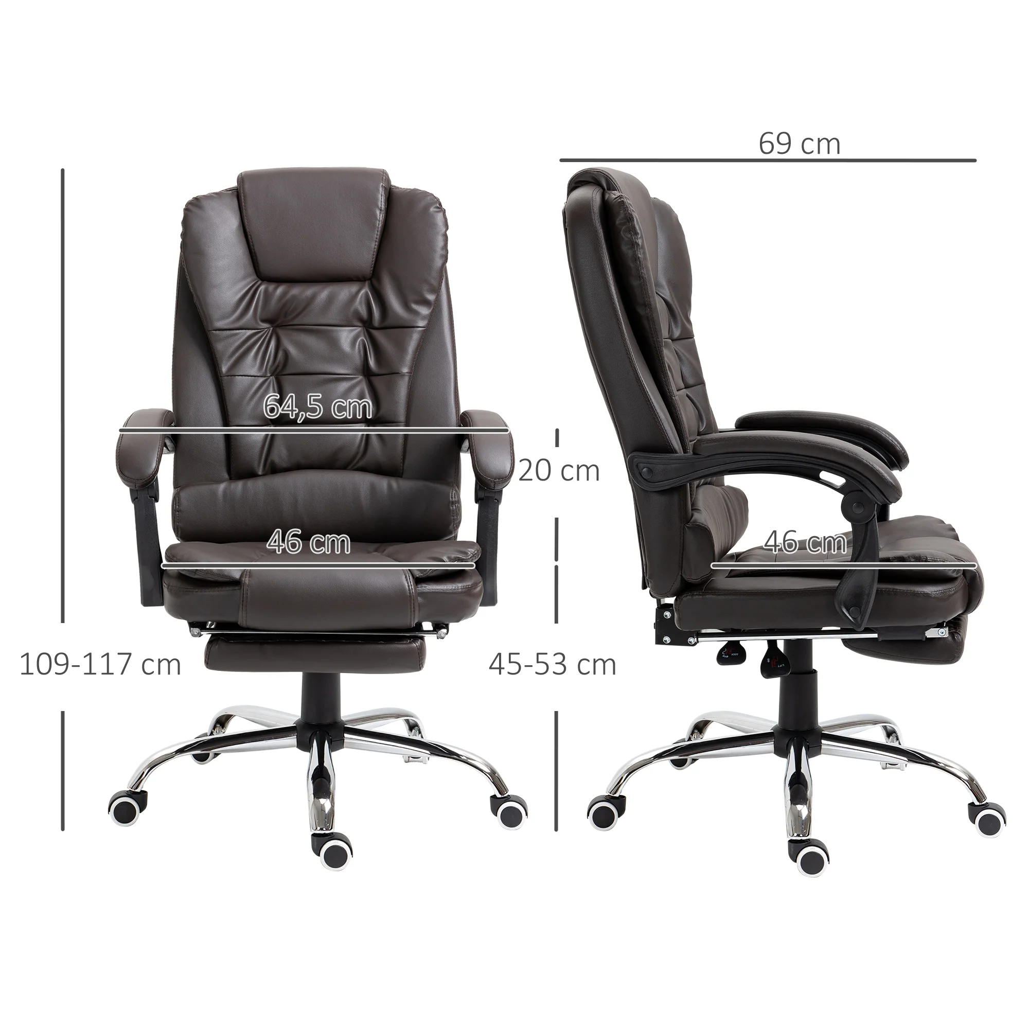 Fauteuil de bureau fauteuil manager grand confort dossier inclinable roulettes PU 64,5 x 69 x 117 cm Café - Image 4