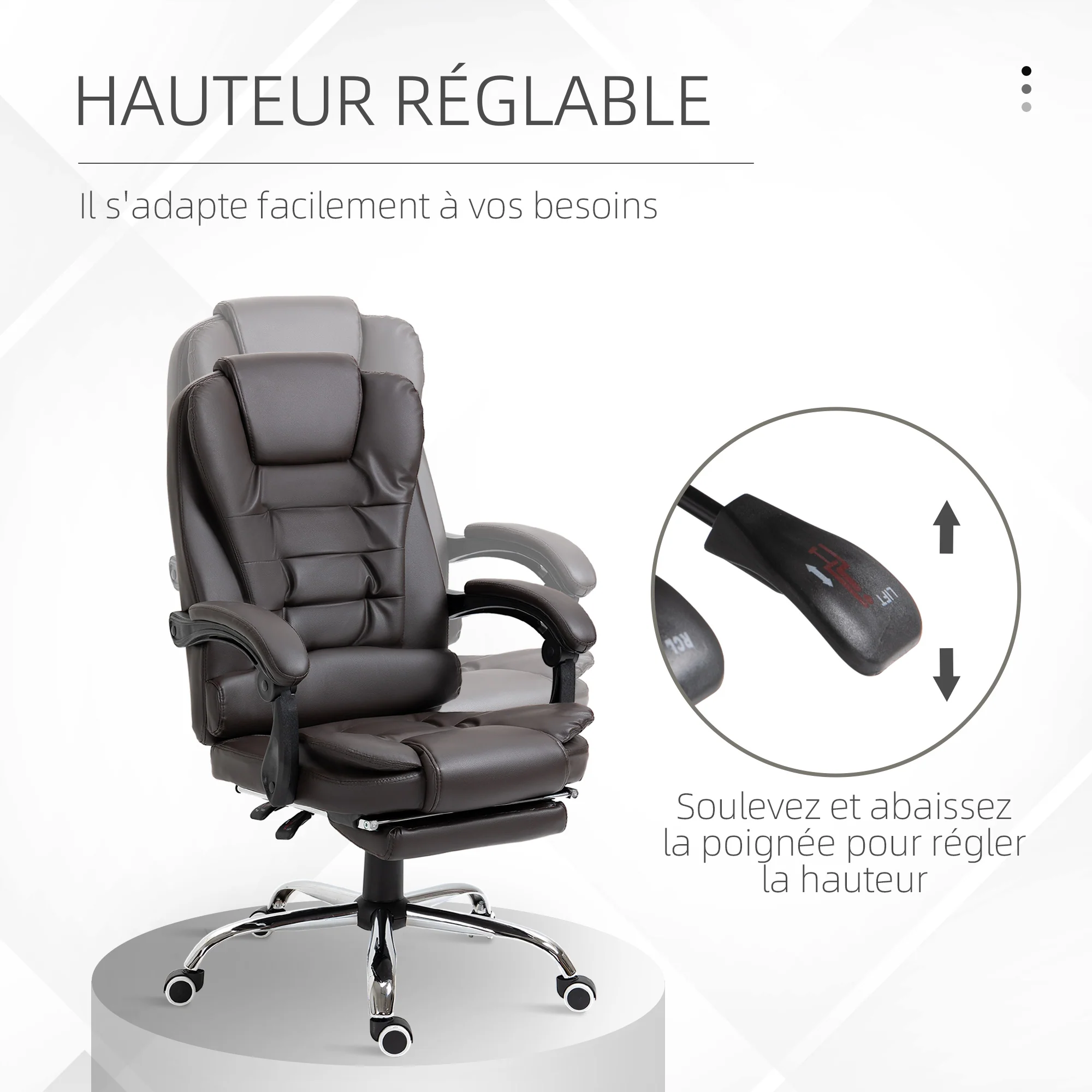 Fauteuil de bureau fauteuil manager grand confort dossier inclinable roulettes PU 64,5 x 69 x 117 cm Café - Image 5