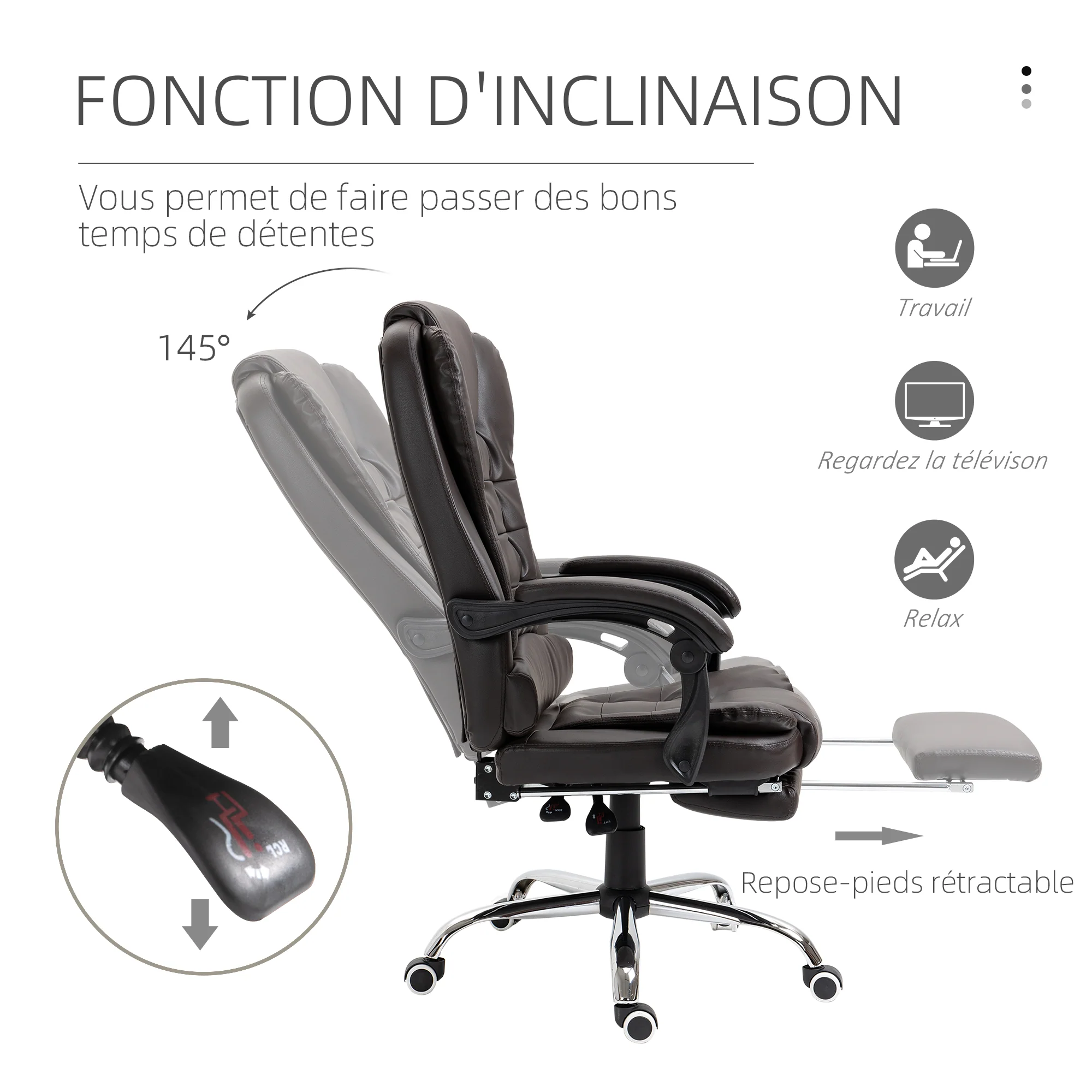 Fauteuil de bureau fauteuil manager grand confort dossier inclinable roulettes PU 64,5 x 69 x 117 cm Café - Image 6