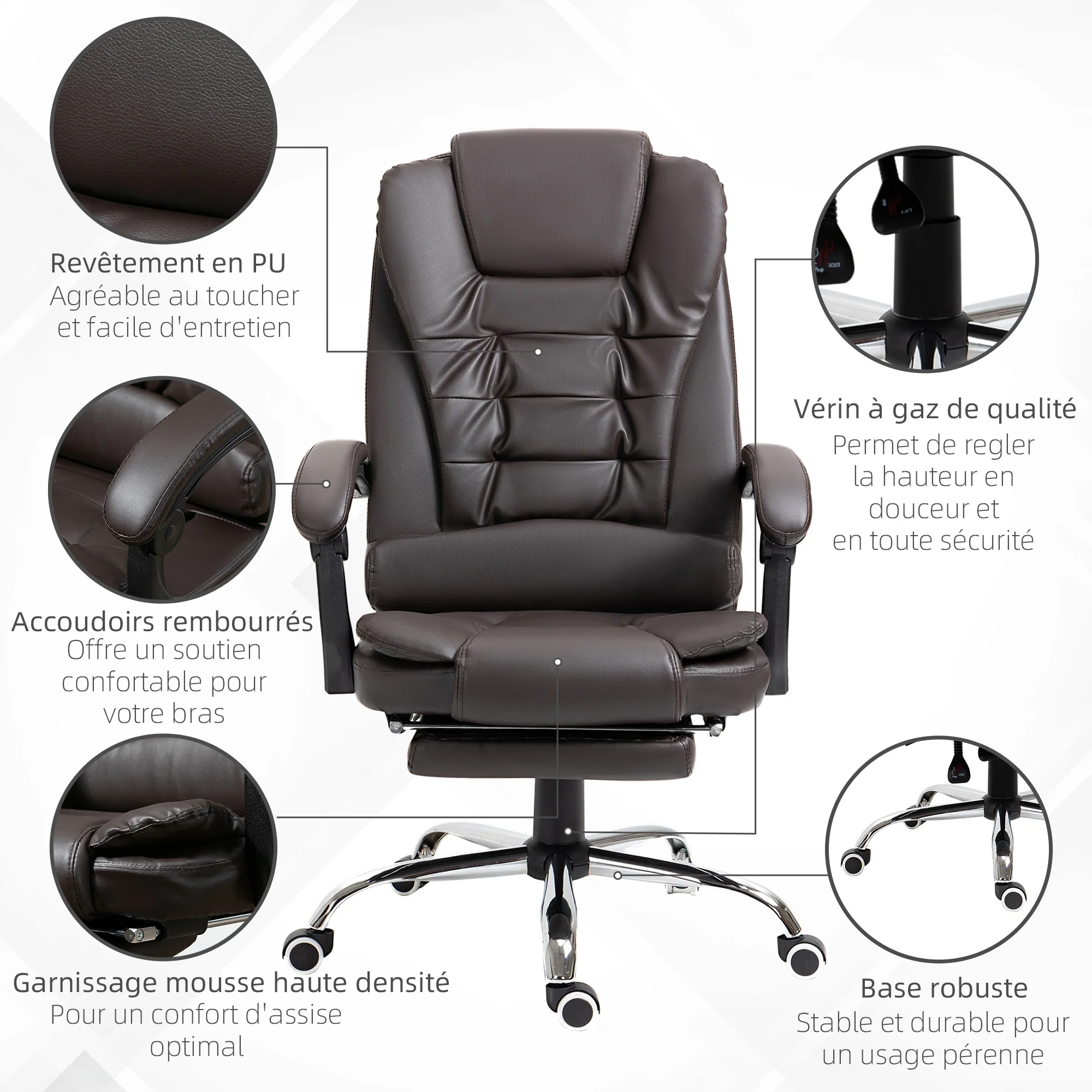 Fauteuil de bureau fauteuil manager grand confort dossier inclinable roulettes PU 64,5 x 69 x 117 cm Café - Image 8