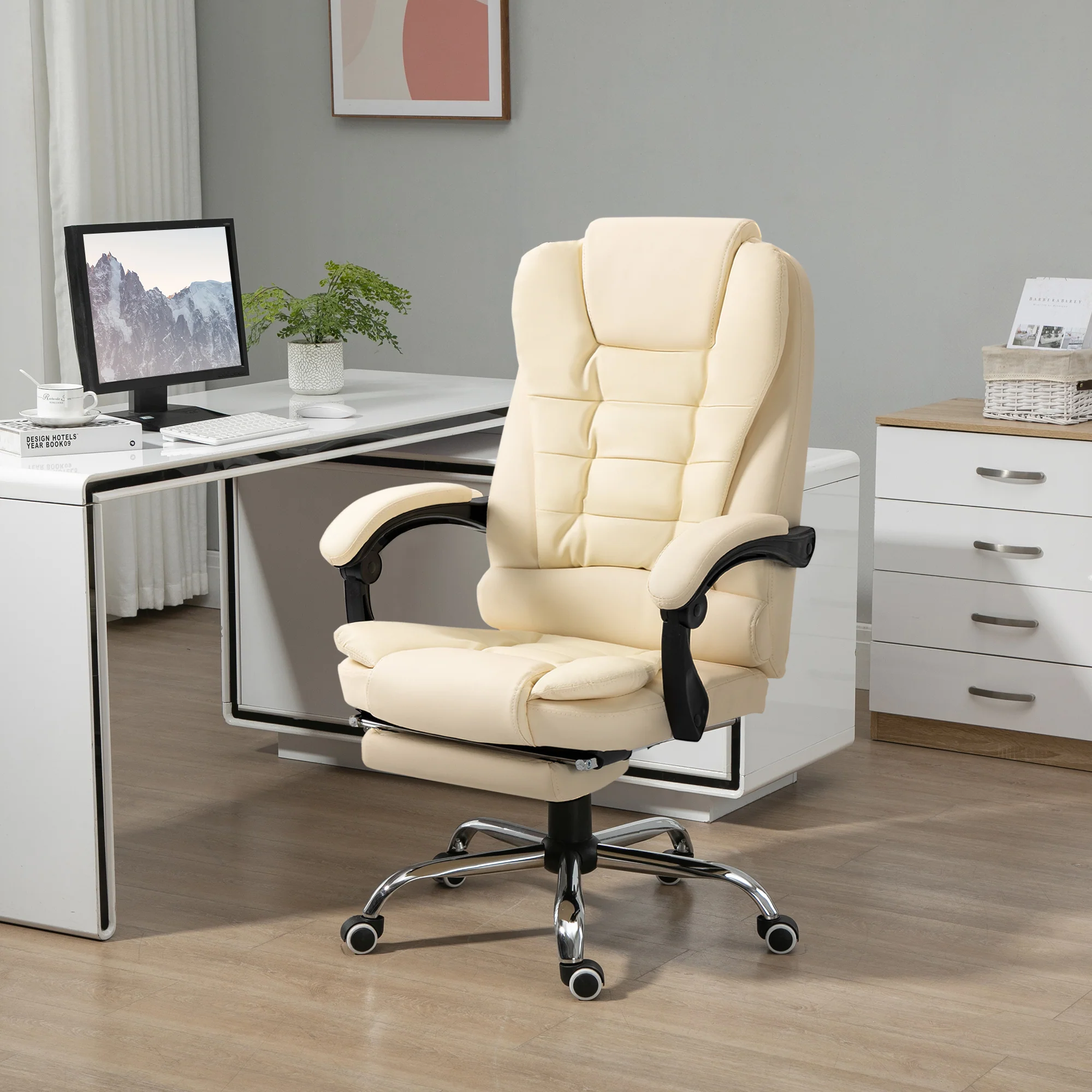 Fauteuil de bureau fauteuil manager grand confort dossier inclinable roulettes PU 64,5 x 69 x 117 cm crème - Image 3