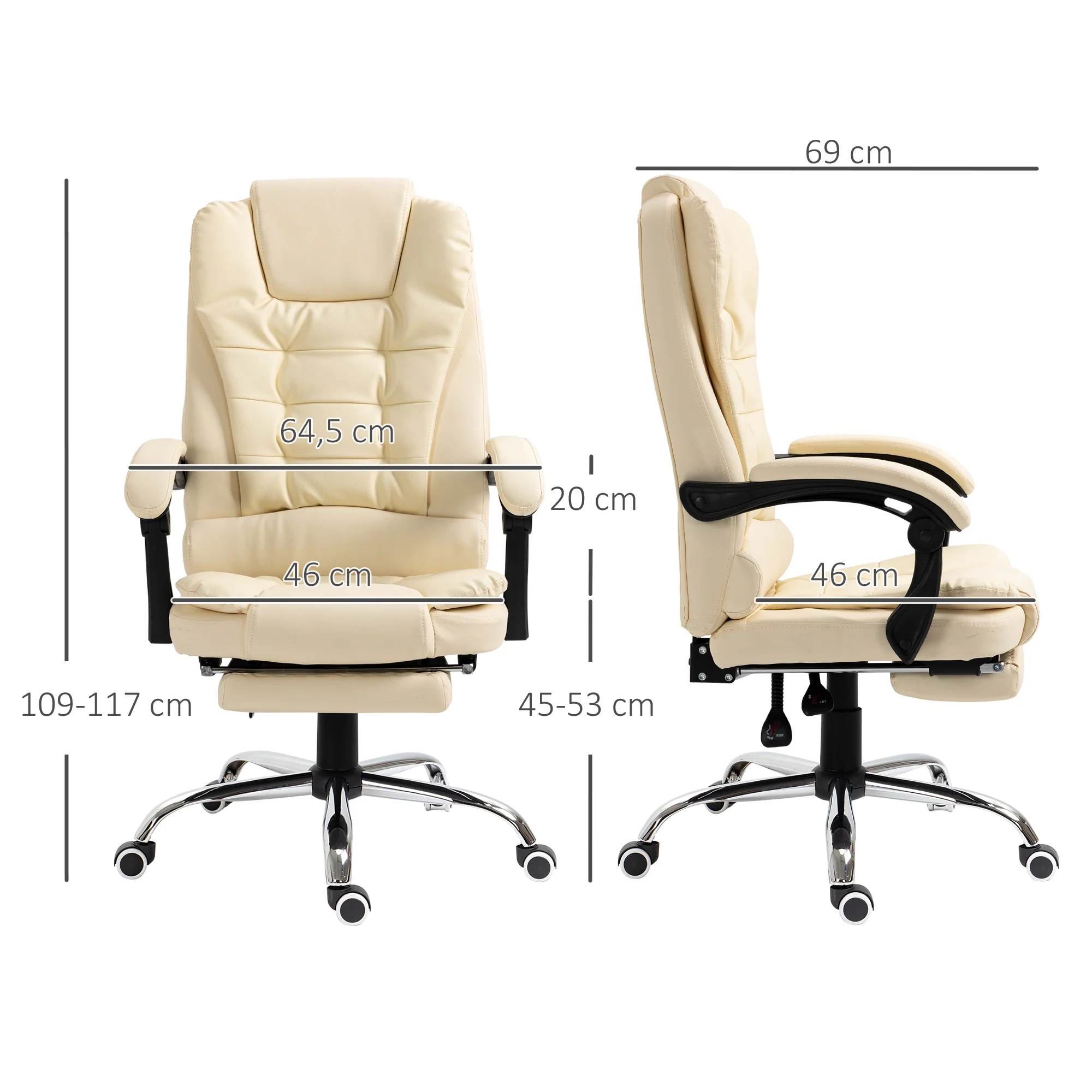 Fauteuil de bureau fauteuil manager grand confort dossier inclinable roulettes PU 64,5 x 69 x 117 cm crème - Image 4