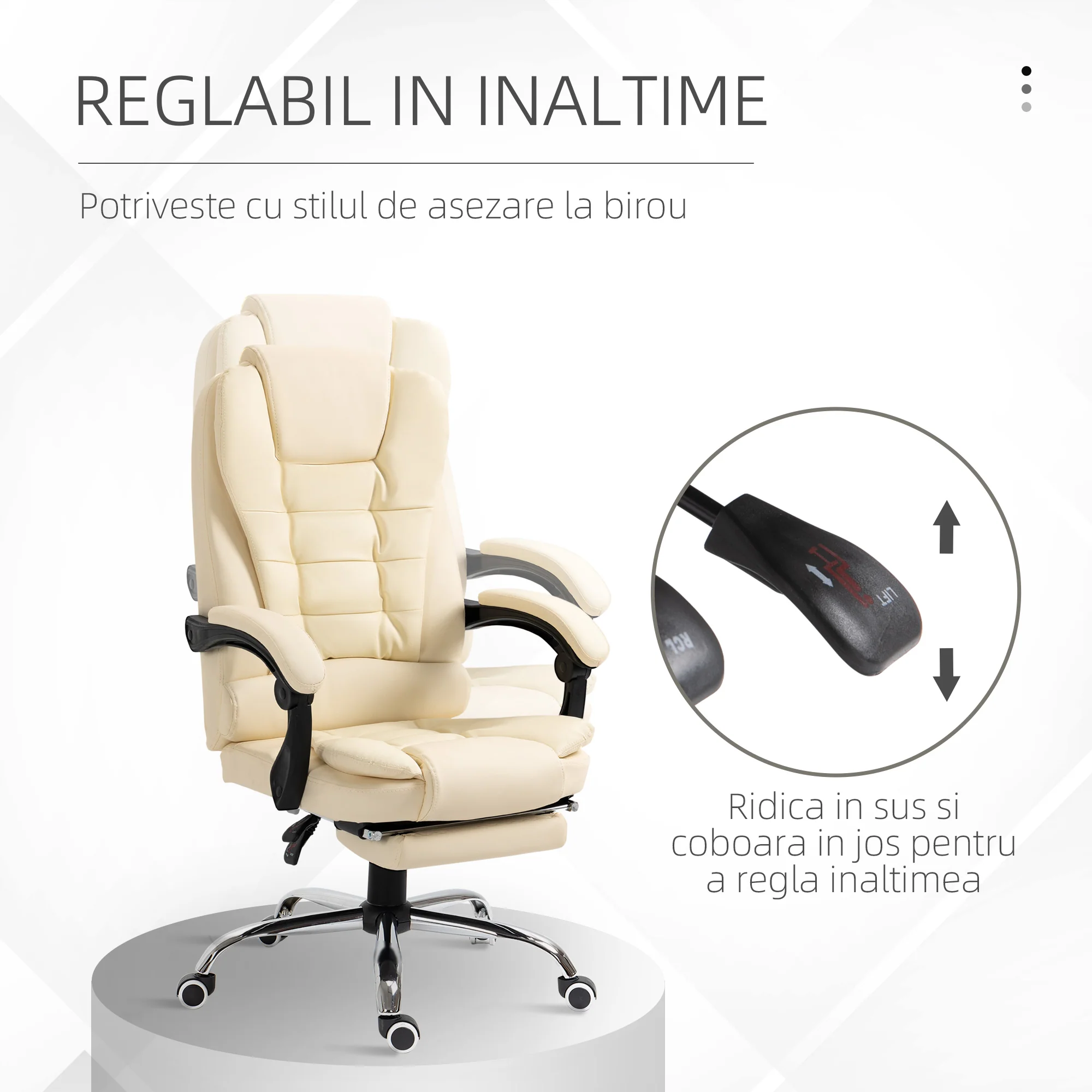 Fauteuil de bureau fauteuil manager grand confort dossier inclinable roulettes PU 64,5 x 69 x 117 cm crème - Image 5