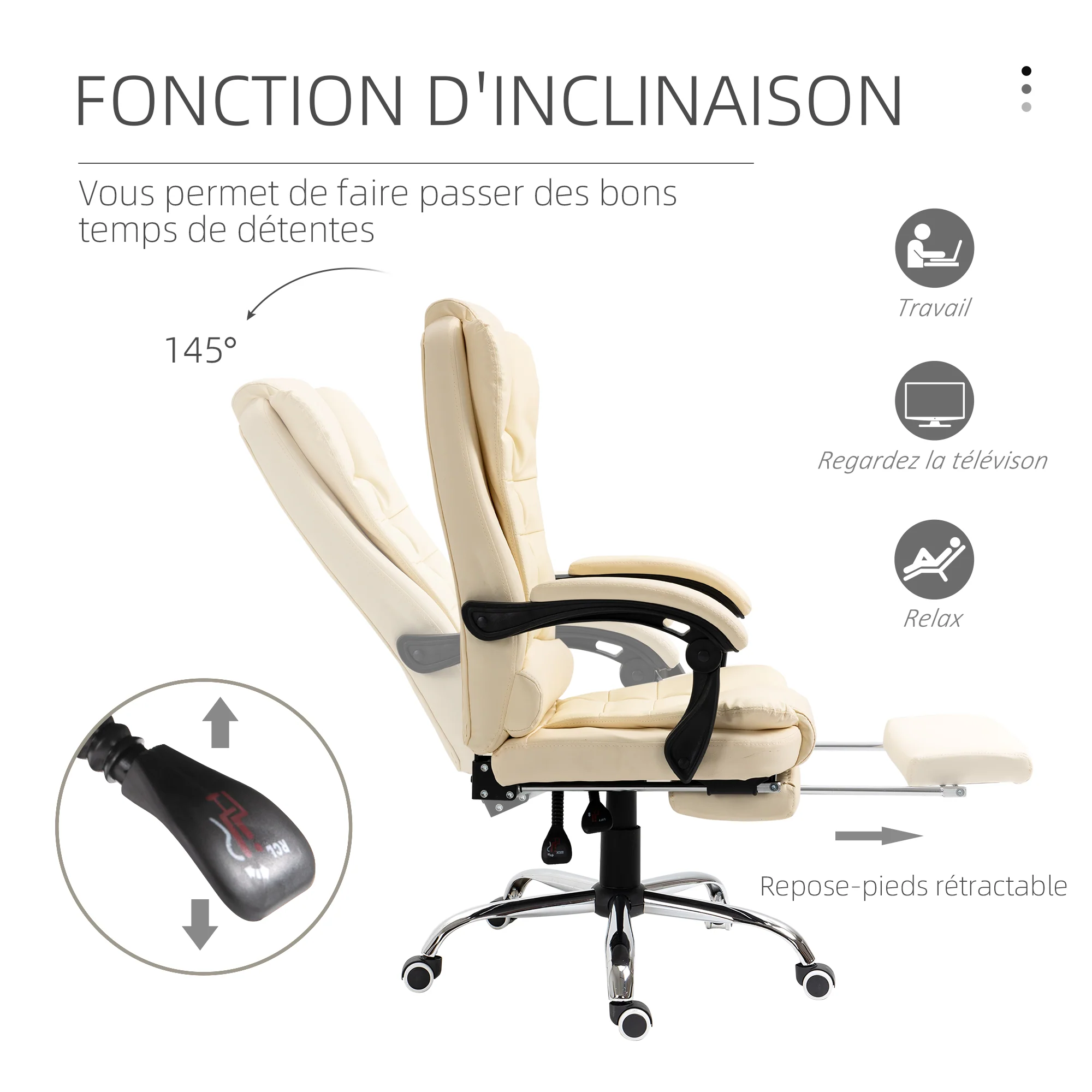 Fauteuil de bureau fauteuil manager grand confort dossier inclinable roulettes PU 64,5 x 69 x 117 cm crème - Image 6