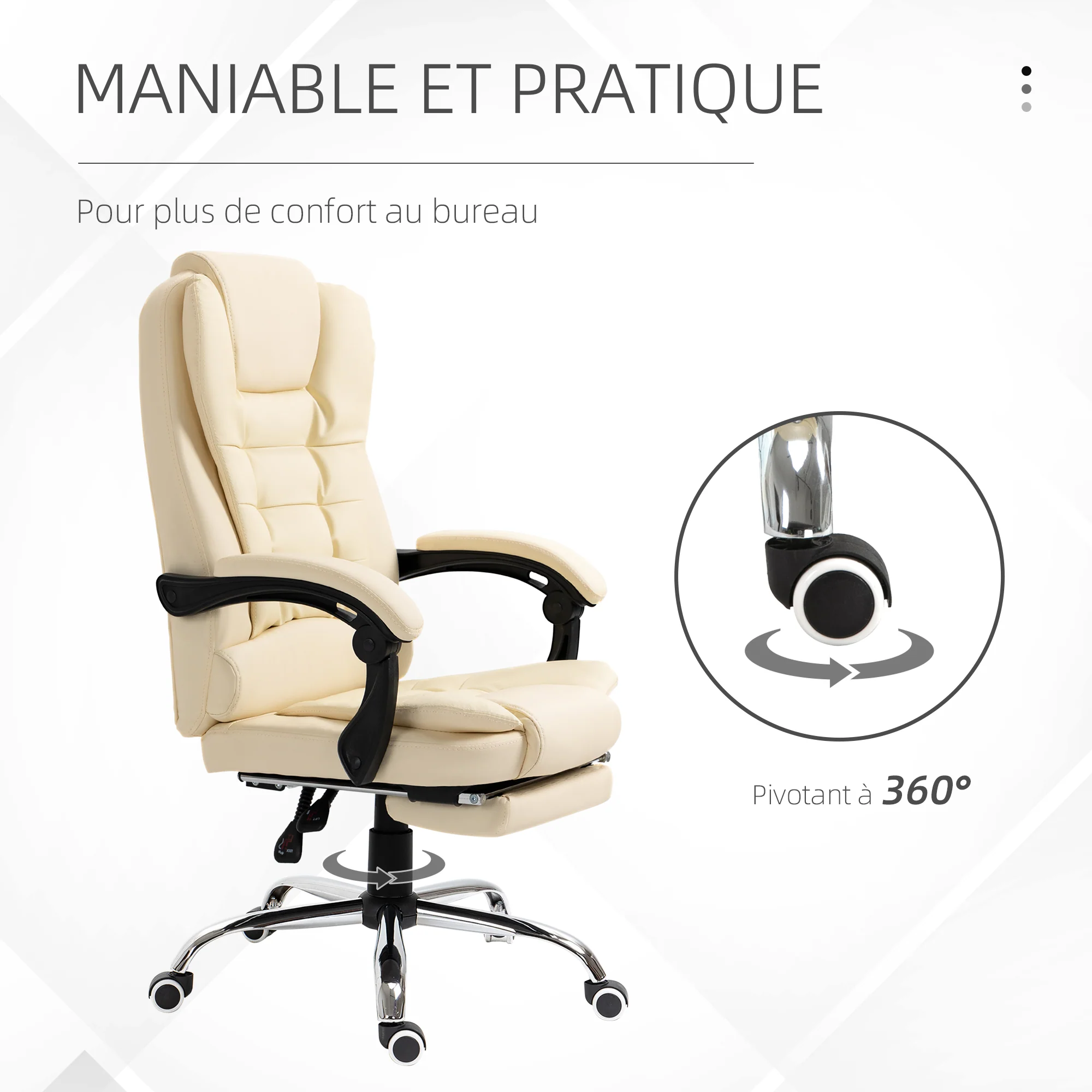 Fauteuil de bureau fauteuil manager grand confort dossier inclinable roulettes PU 64,5 x 69 x 117 cm crème - Image 7