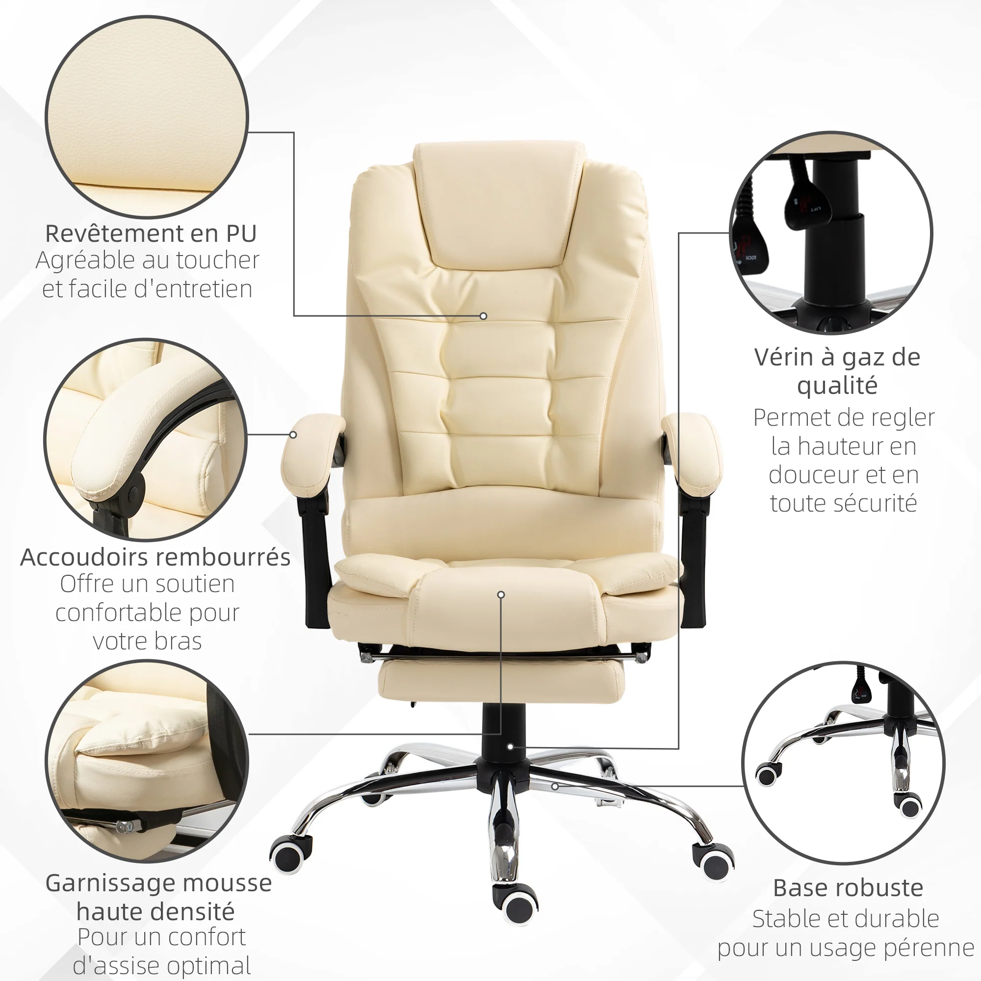 Fauteuil de bureau fauteuil manager grand confort dossier inclinable roulettes PU 64,5 x 69 x 117 cm crème - Image 8