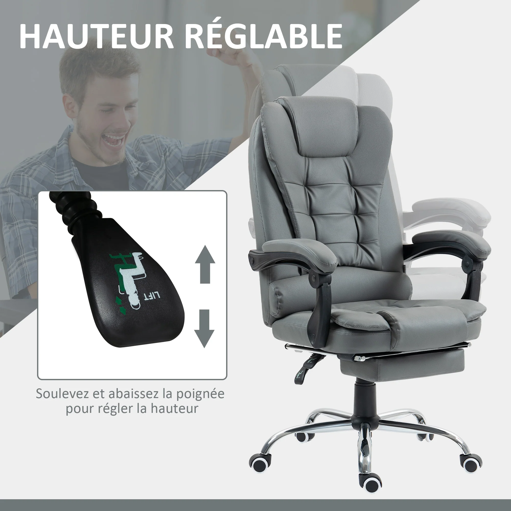 Fauteuil de bureau fauteuil manager grand confort dossier inclinable roulettes PU 64,5 x 69 x 117 cm gris - Image 5