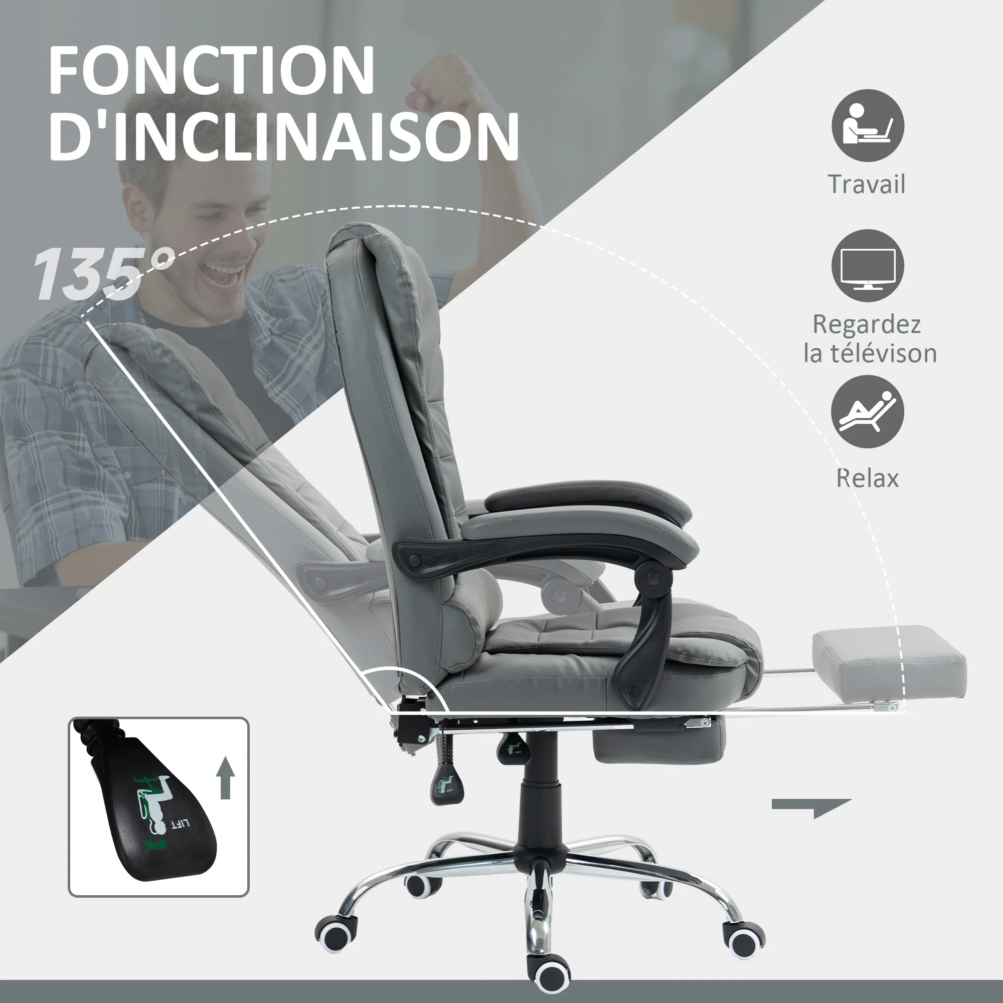 Fauteuil de bureau fauteuil manager grand confort dossier inclinable roulettes PU 64,5 x 69 x 117 cm gris - Image 6