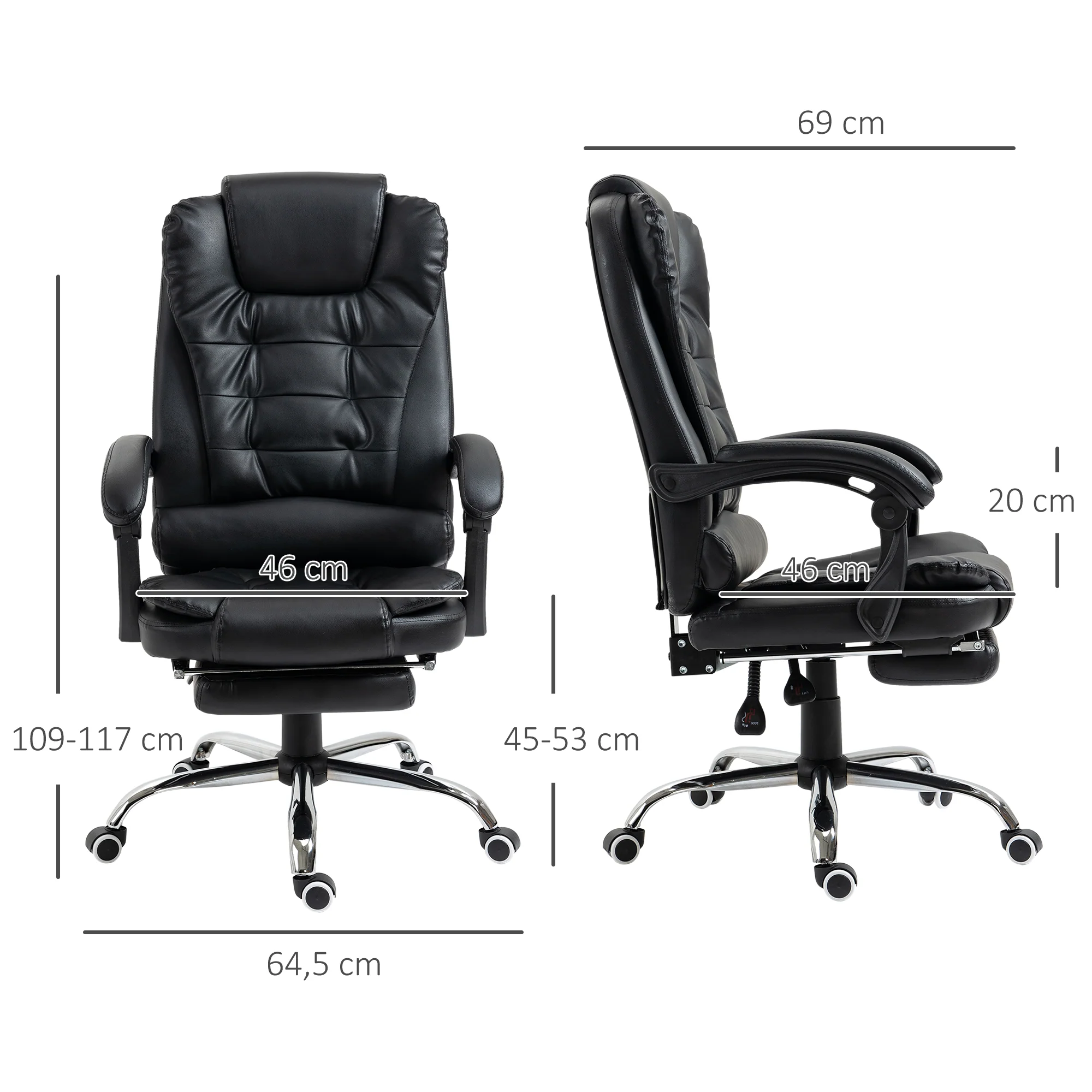 Fauteuil de bureau fauteuil manager grand confort dossier inclinable roulettes PU 64,5 x 69 x 117 cm noir - Image 4