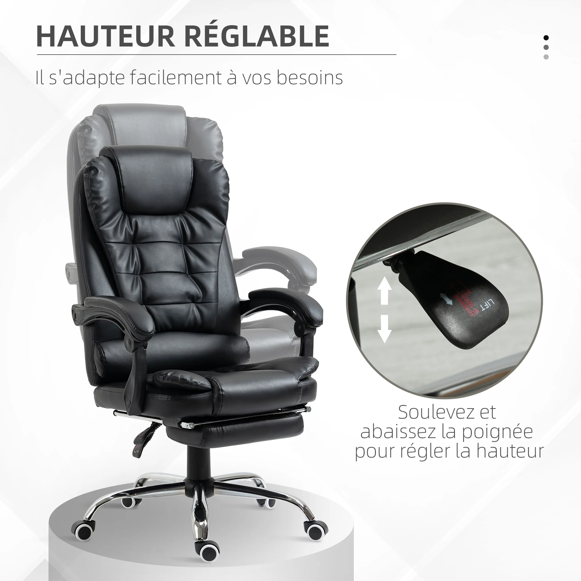 Fauteuil de bureau fauteuil manager grand confort dossier inclinable roulettes PU 64,5 x 69 x 117 cm noir - Image 5