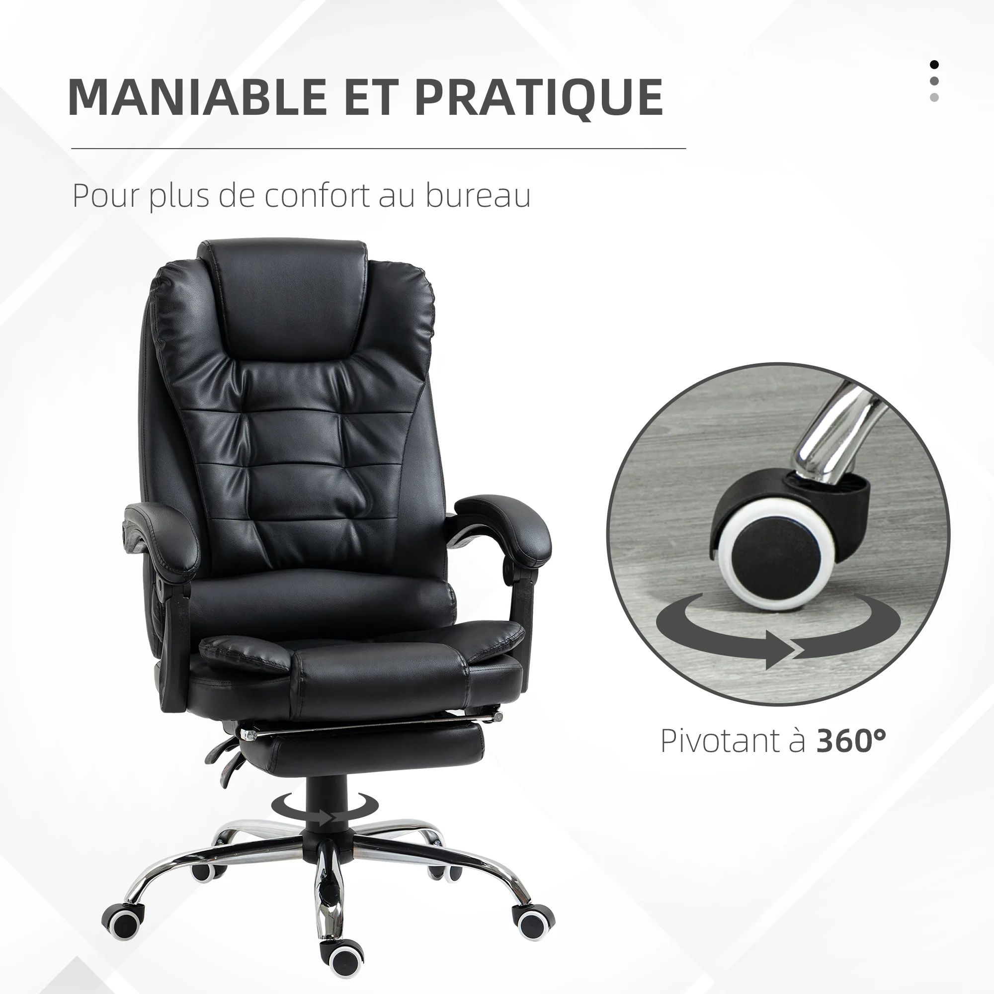 Fauteuil de bureau fauteuil manager grand confort dossier inclinable roulettes PU 64,5 x 69 x 117 cm noir - Image 7