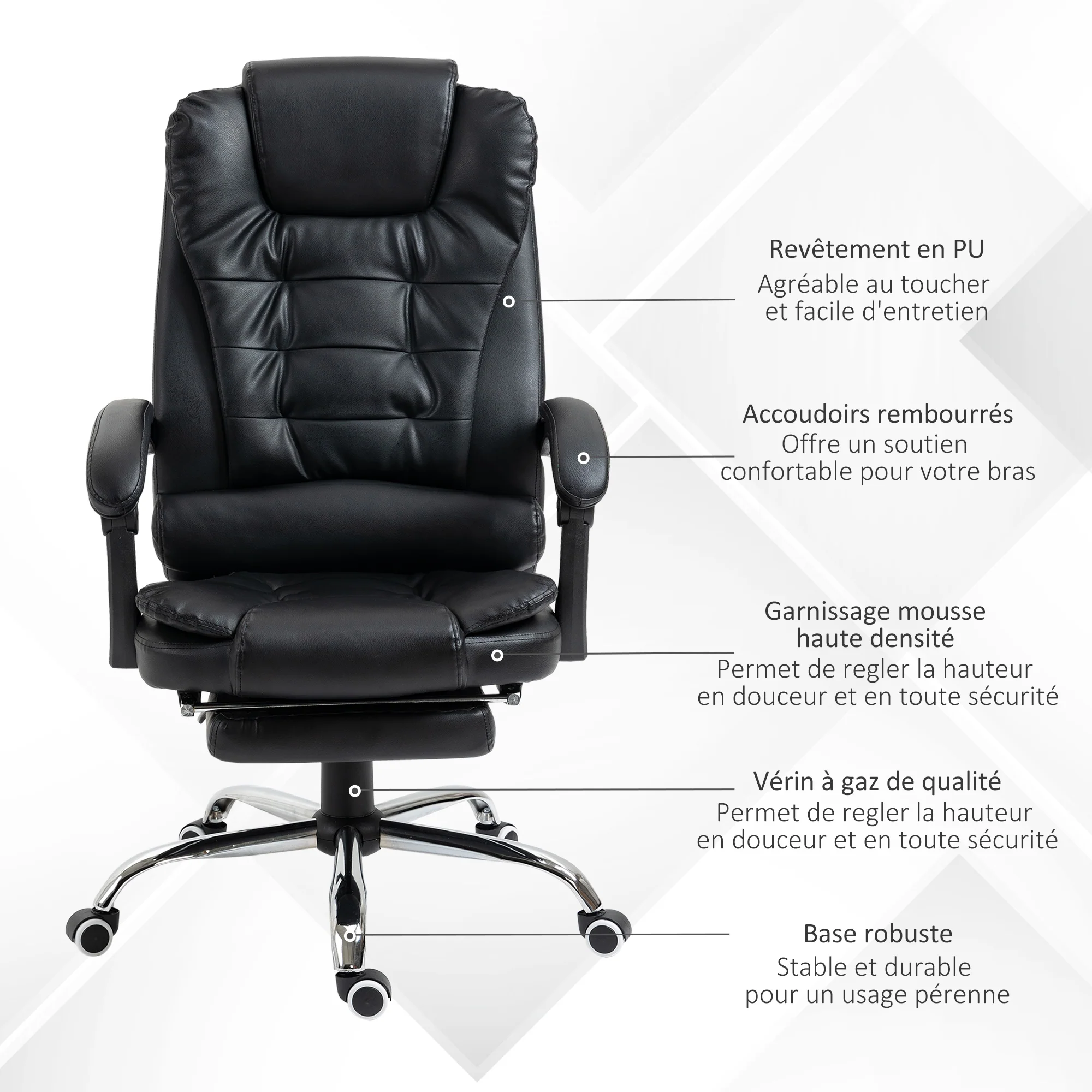 Fauteuil de bureau fauteuil manager grand confort dossier inclinable roulettes PU 64,5 x 69 x 117 cm noir - Image 8