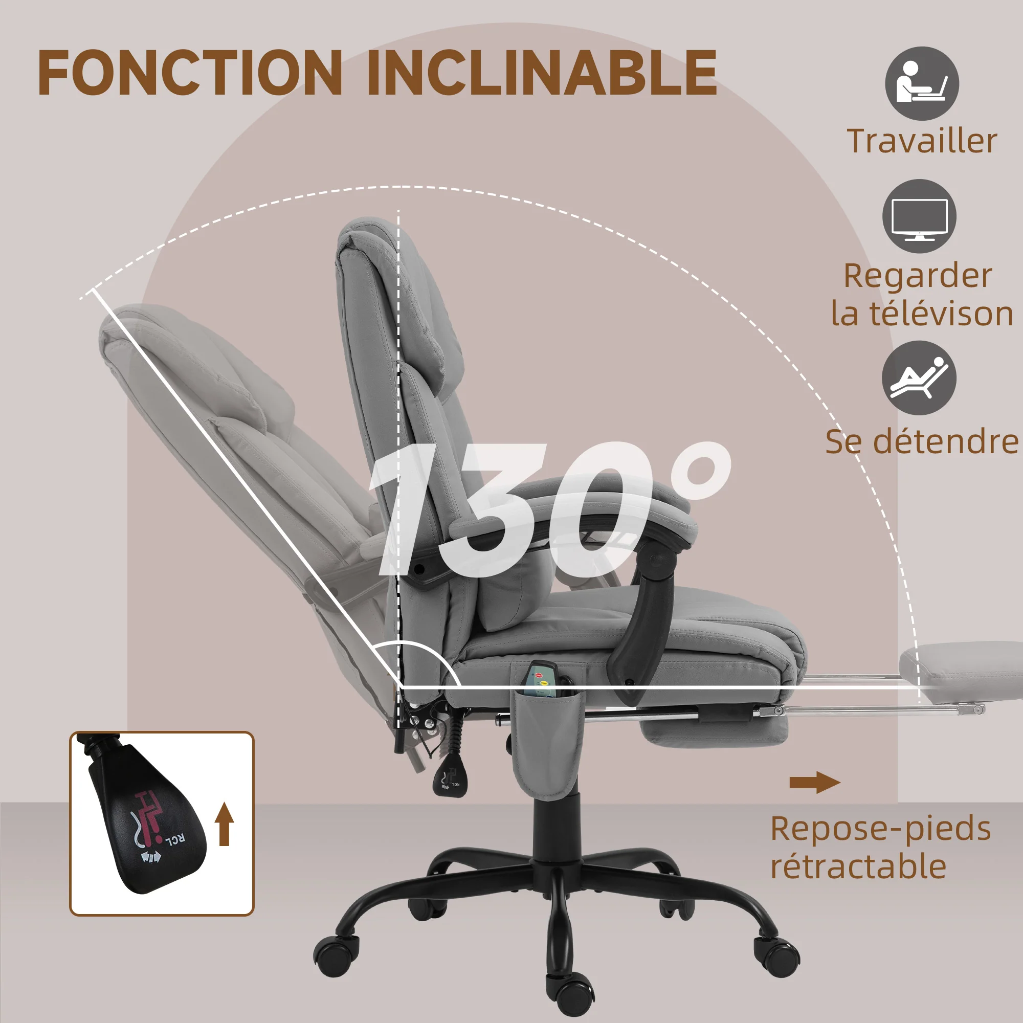 Fauteuil de bureau massant avec repose-pieds, chaise de bureau, chaise ergonomique, hauteur réglable, dossier inclinable et télécommande filaire, tissu en revêtement synthétique gris - Image 6