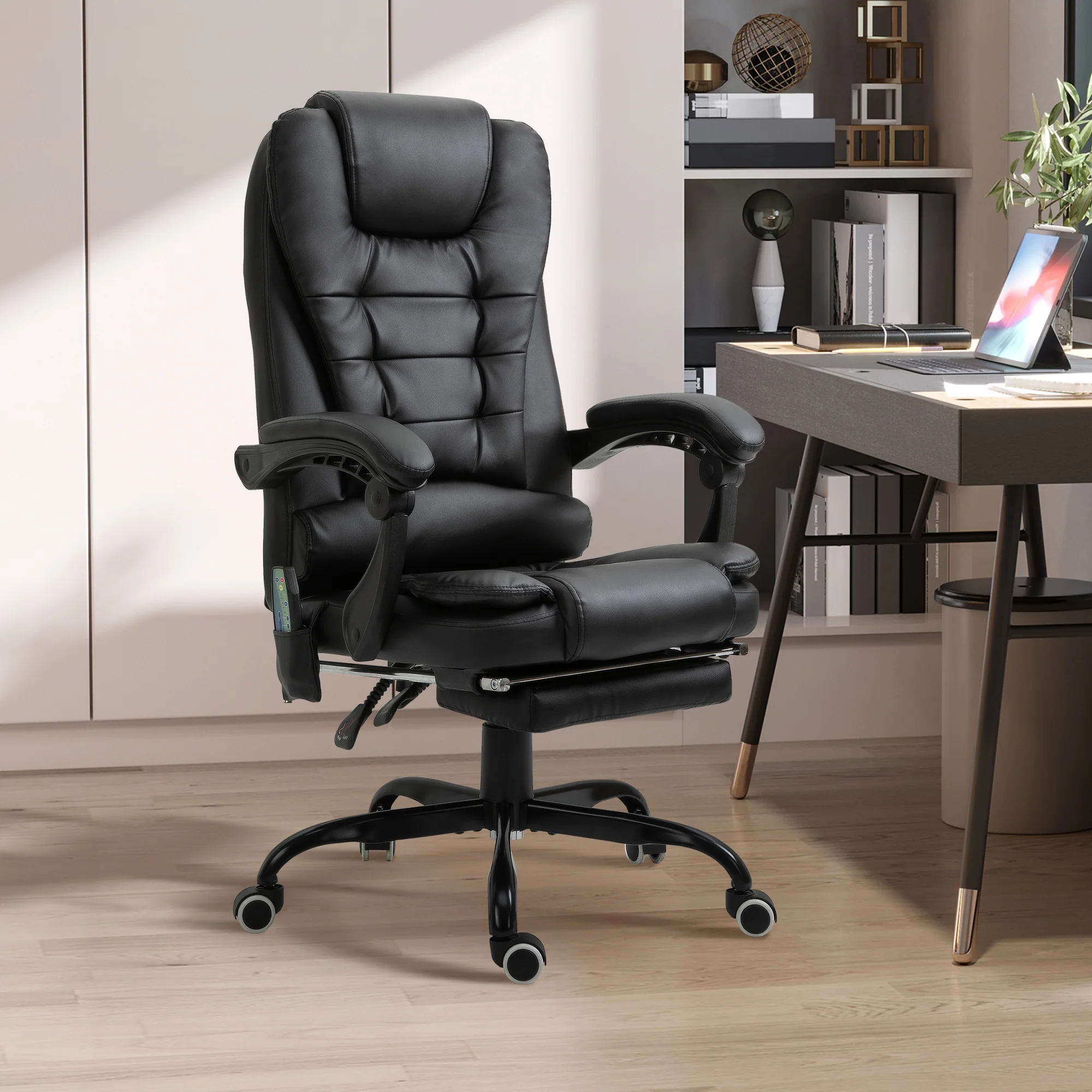 Fauteuil de bureau massant, chaise de bureau, chaise ergonomique avec hauteur réglable, dossier inclinable et télécommande filaire, repose-pieds rétractable et pivotant à 360°, noir - Image 3