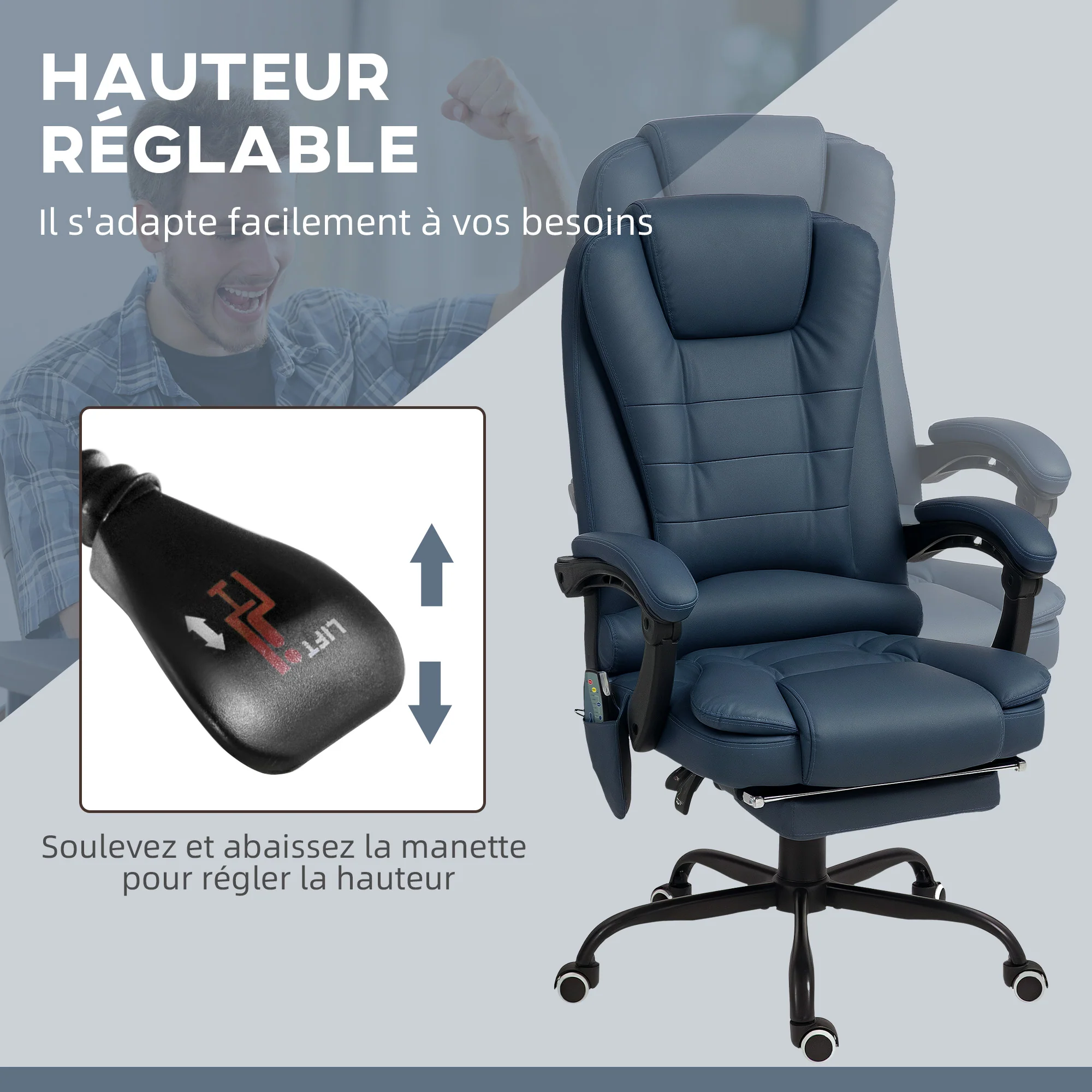 Fauteuil de bureau massant, chaise de bureau, chaise ergonomique avec hauteur réglable, dossier inclinable et télécommande filaire, repose-pieds rétractable et pivotant à 360°, bleu - Image 7