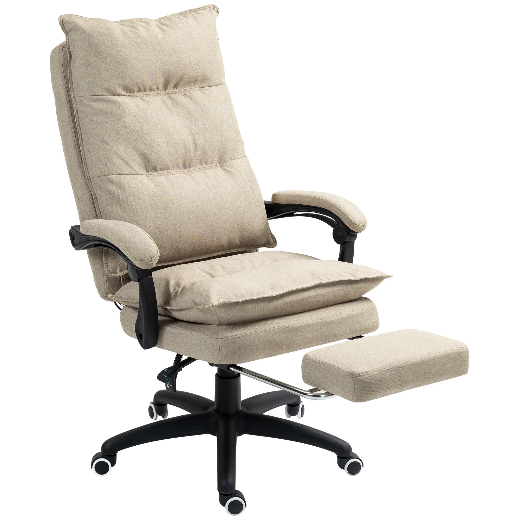 Fauteuil de bureau massant, chaise de bureau, chaise ergonomique avec hauteur réglable, dossier inclinable, repose-pied intégré et télécommande filaire, pivotant à 360°, aspect de lin beige - Image 2