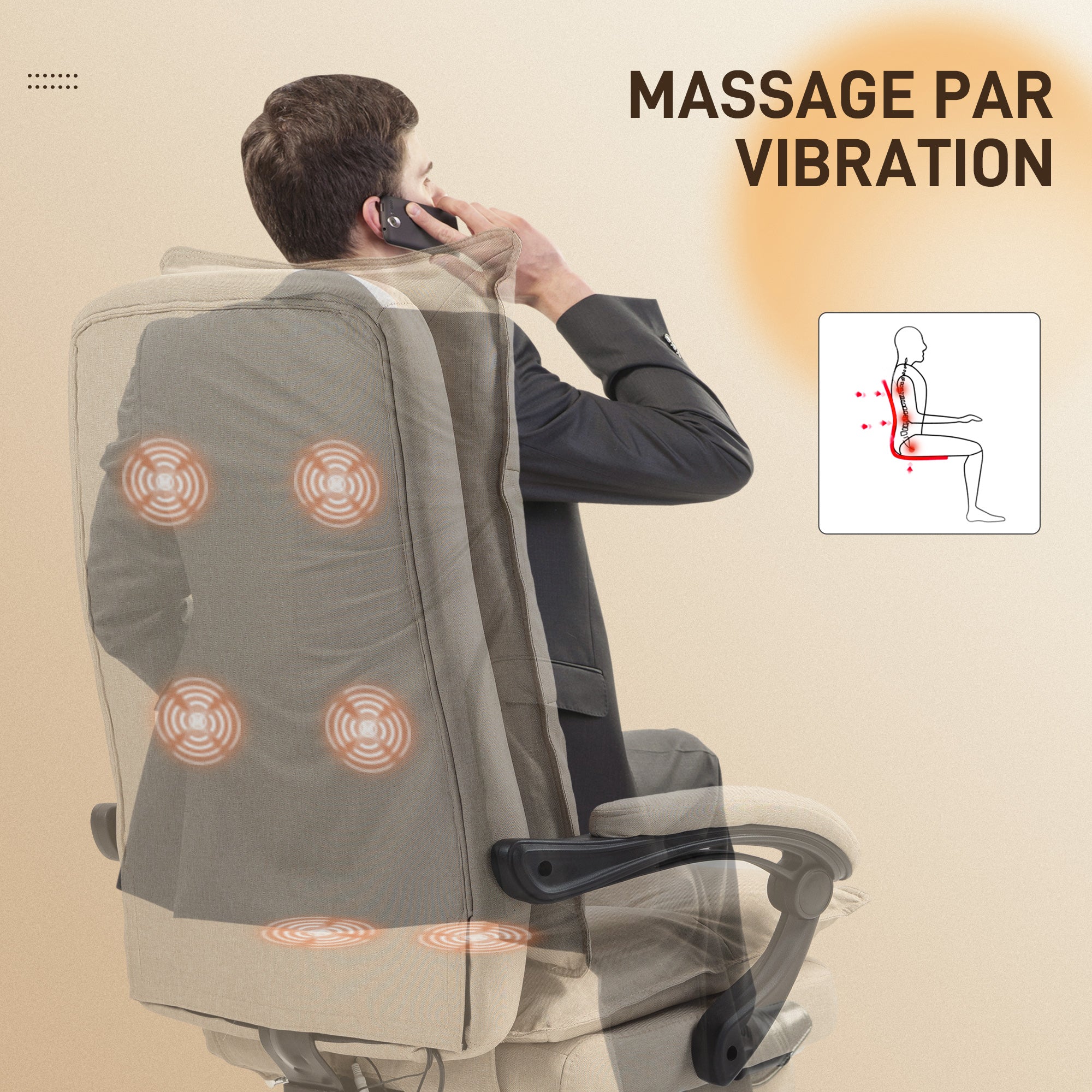 Fauteuil de bureau massant, chaise de bureau, chaise ergonomique avec hauteur réglable, dossier inclinable, repose-pied intégré et télécommande filaire, pivotant à 360°, aspect de lin beige - Image 5