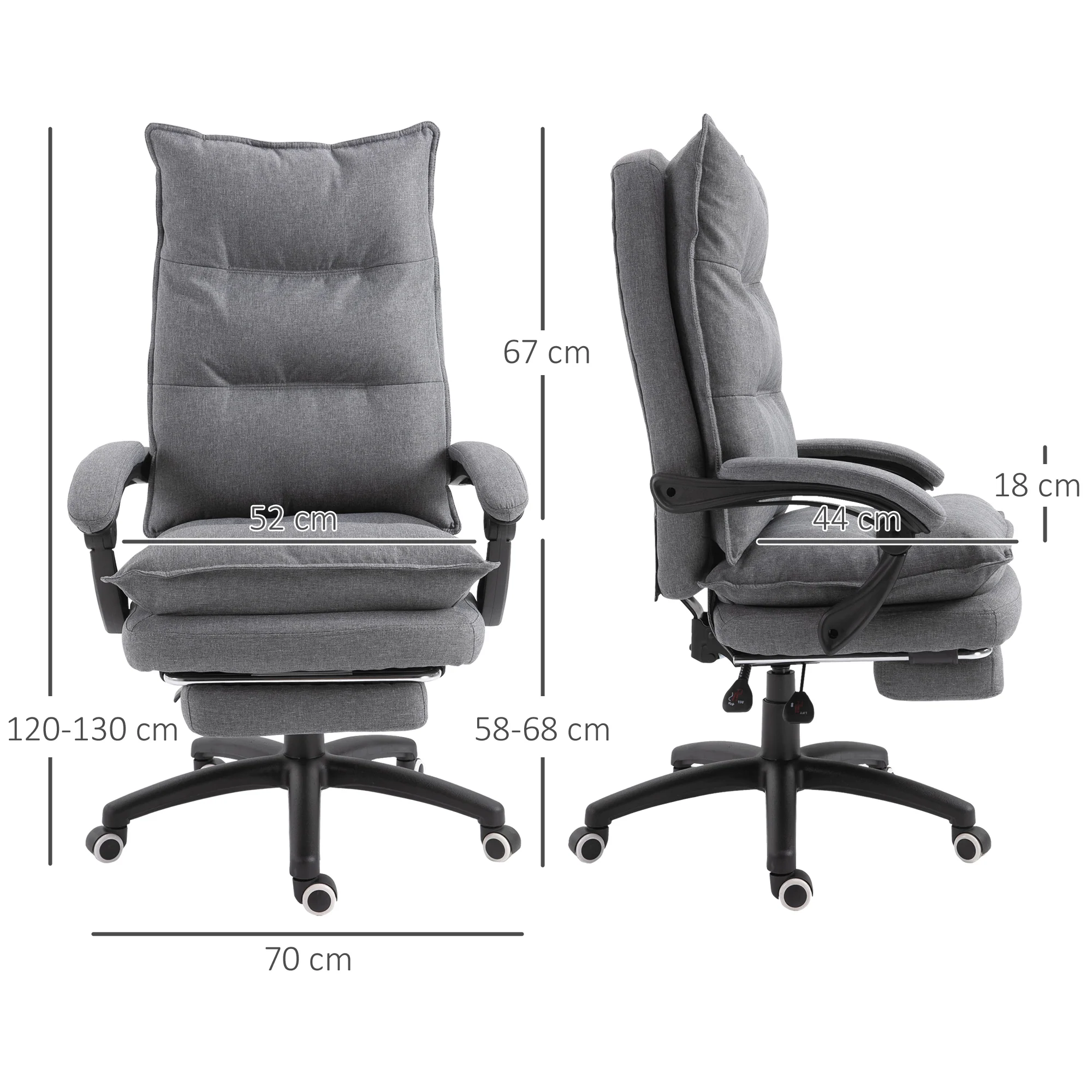 Fauteuil de bureau massant, chaise de bureau, chaise ergonomique avec hauteur réglable, dossier inclinable, repose-pied intégré et télécommande filaire, pivotant à 360°, toile de lin gris - Image 4