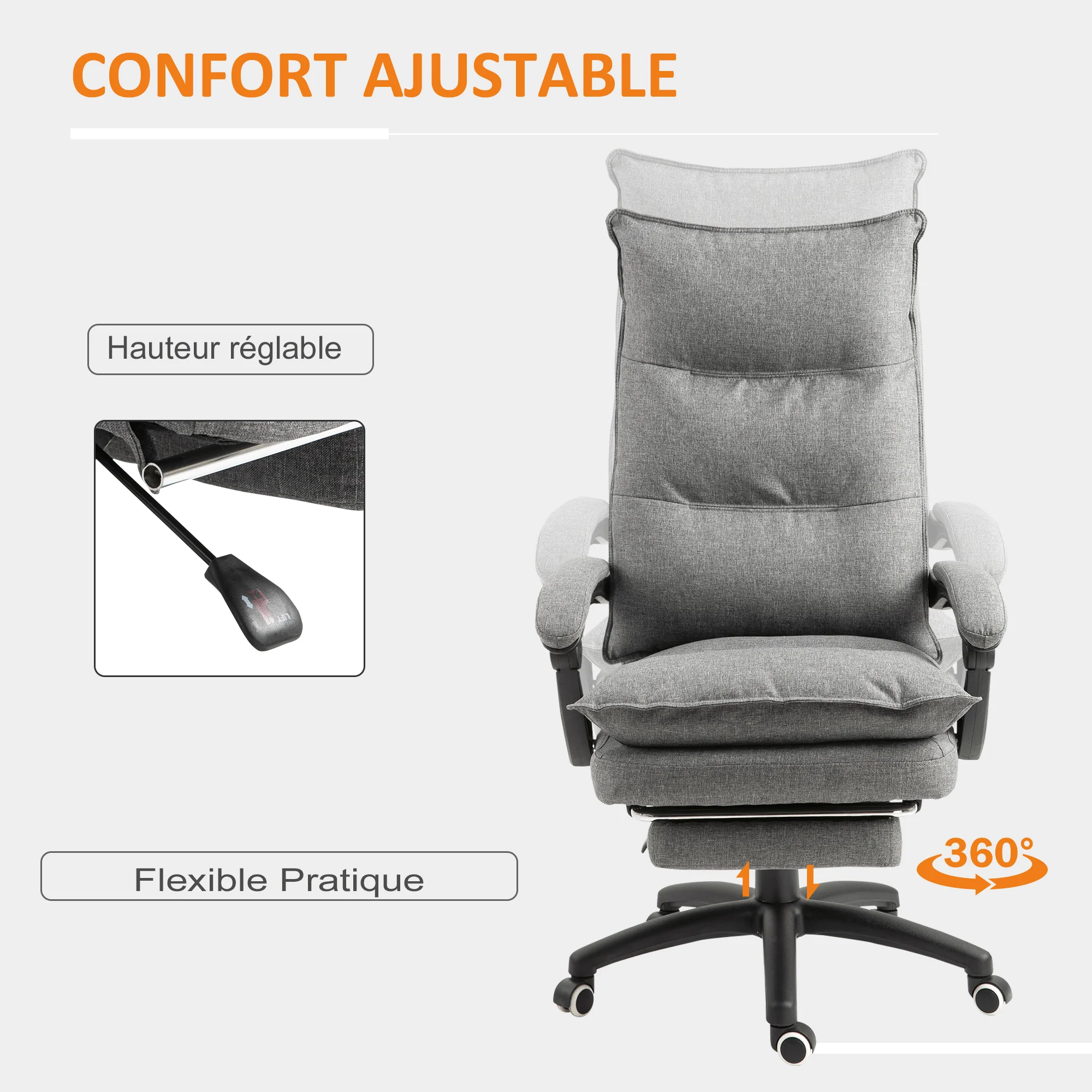 Fauteuil de bureau massant, chaise de bureau, chaise ergonomique avec hauteur réglable, dossier inclinable, repose-pied intégré et télécommande filaire, pivotant à 360°, toile de lin gris - Image 7