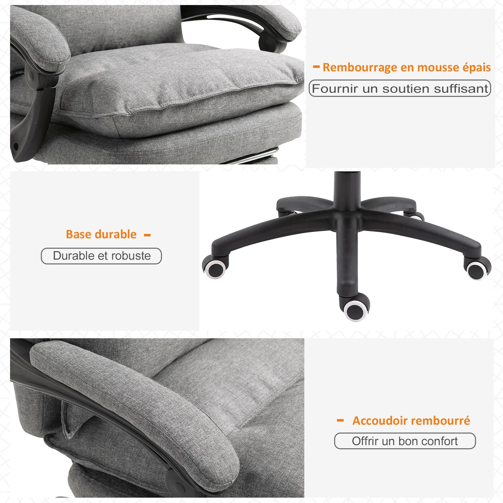 Fauteuil de bureau massant, chaise de bureau, chaise ergonomique avec hauteur réglable, dossier inclinable, repose-pied intégré et télécommande filaire, pivotant à 360°, toile de lin gris - Image 9
