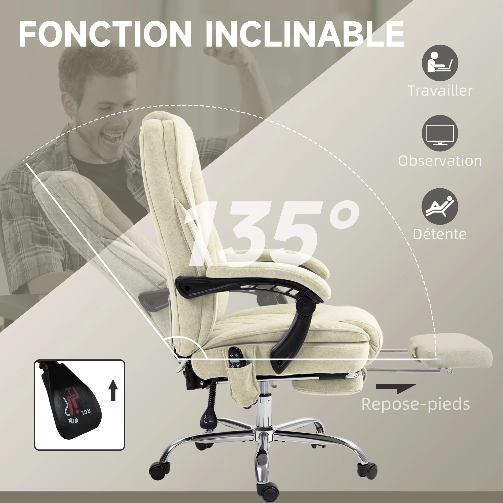 Fauteuil de bureau massant et chauffant chaise de bureau chaise ergonomique avec hauteur réglable dossier inclinable télécommande filaire repose-pieds rétractable et pivotant 360° beige - Image 7