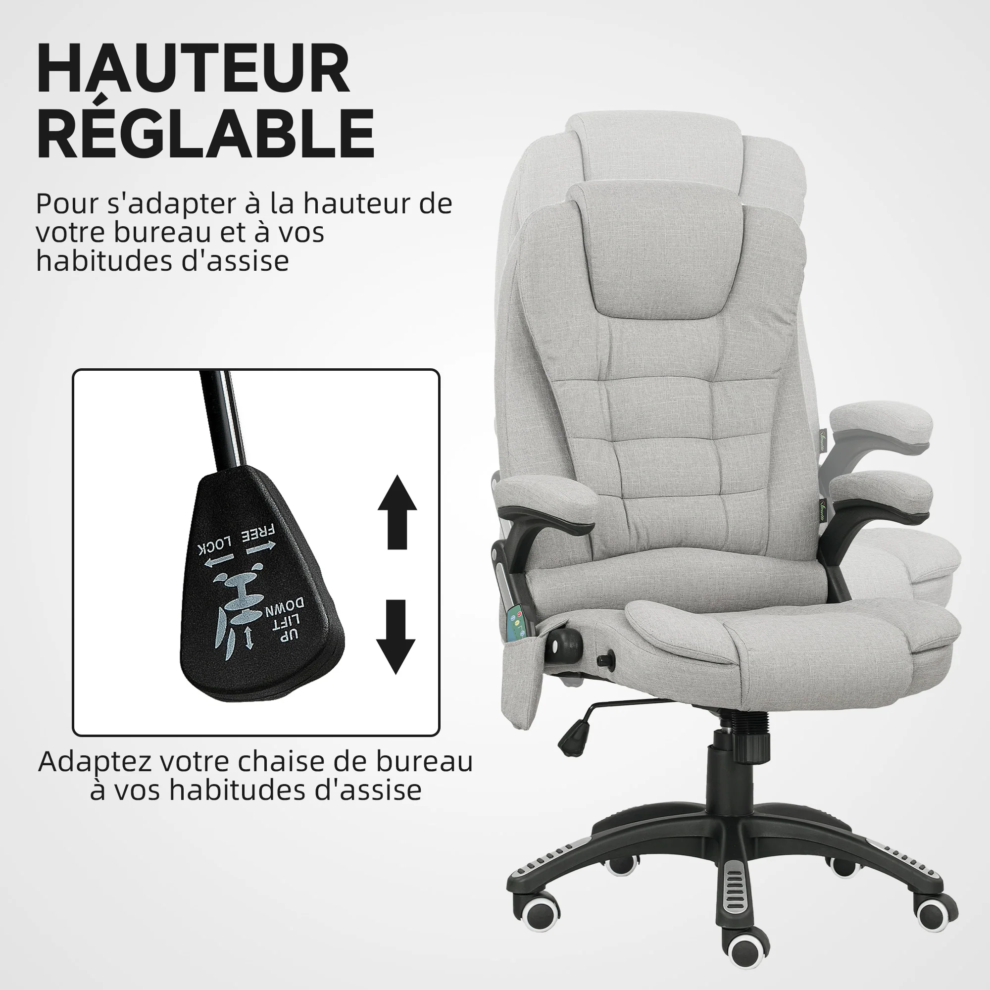 Fauteuil de bureau massant et chauffant, chaise de bureau, chaise ergonomique avec hauteur réglable, dossier inclinable et télécommande filaire, pivotant à 360° tissu en polyester gris clair - Image 6