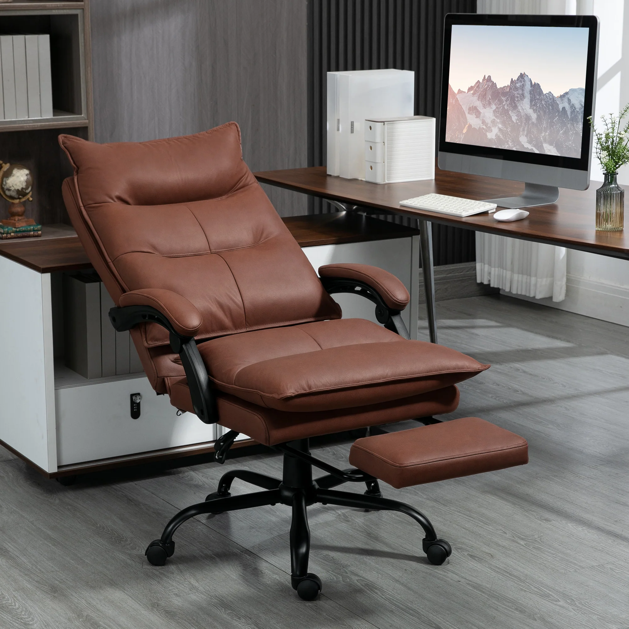 Fauteuil de bureau massant et chauffant, chaise de bureau, chaise ergonomique avec hauteur réglable, dossier inclinable et télécommande filaire, pivotant à 360°, tissu en microfibre, marron - Image 3