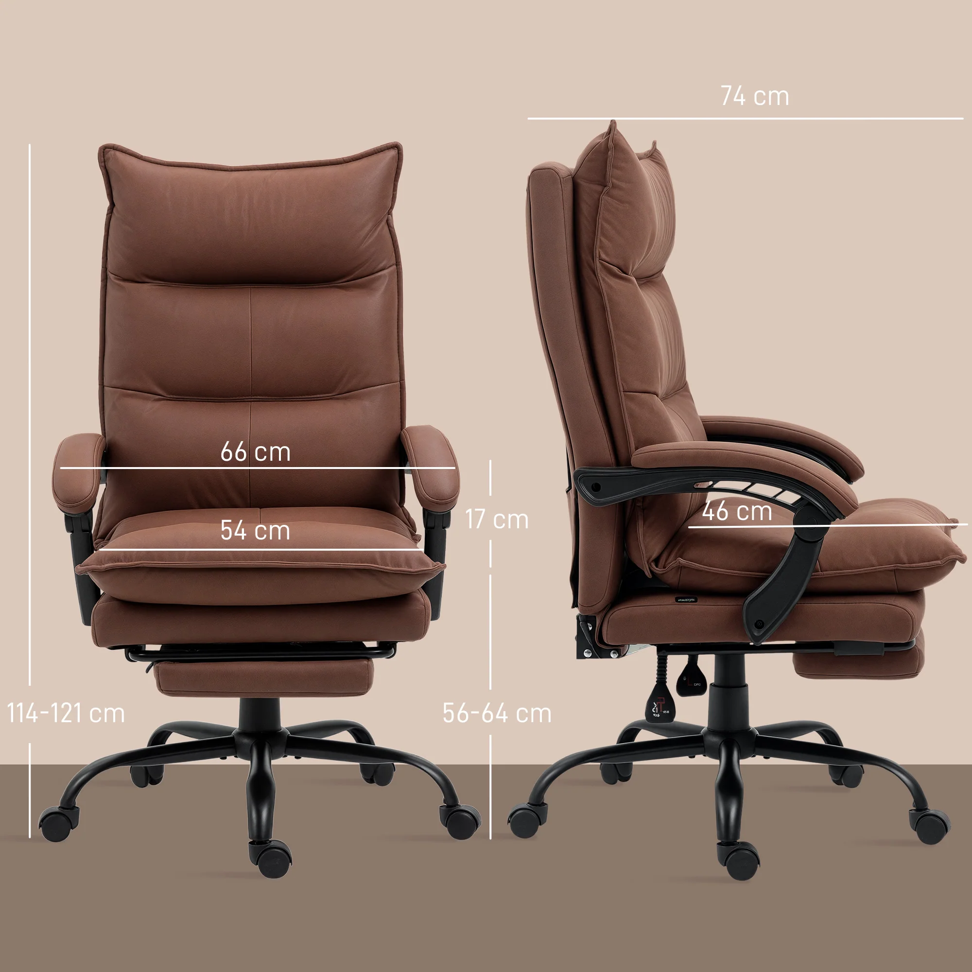 Fauteuil de bureau massant et chauffant, chaise de bureau, chaise ergonomique avec hauteur réglable, dossier inclinable et télécommande filaire, pivotant à 360°, tissu en microfibre, marron - Image 4