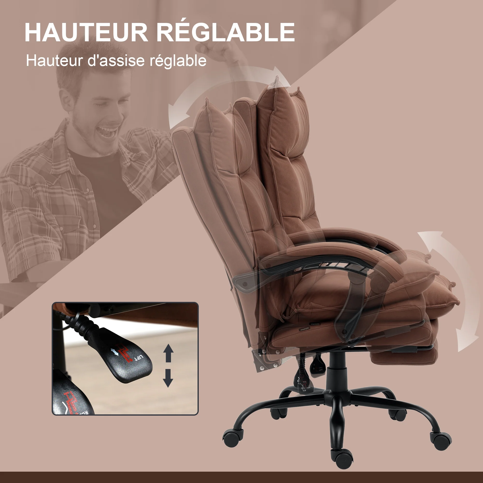 Fauteuil de bureau massant et chauffant, chaise de bureau, chaise ergonomique avec hauteur réglable, dossier inclinable et télécommande filaire, pivotant à 360°, tissu en microfibre, marron - Image 7