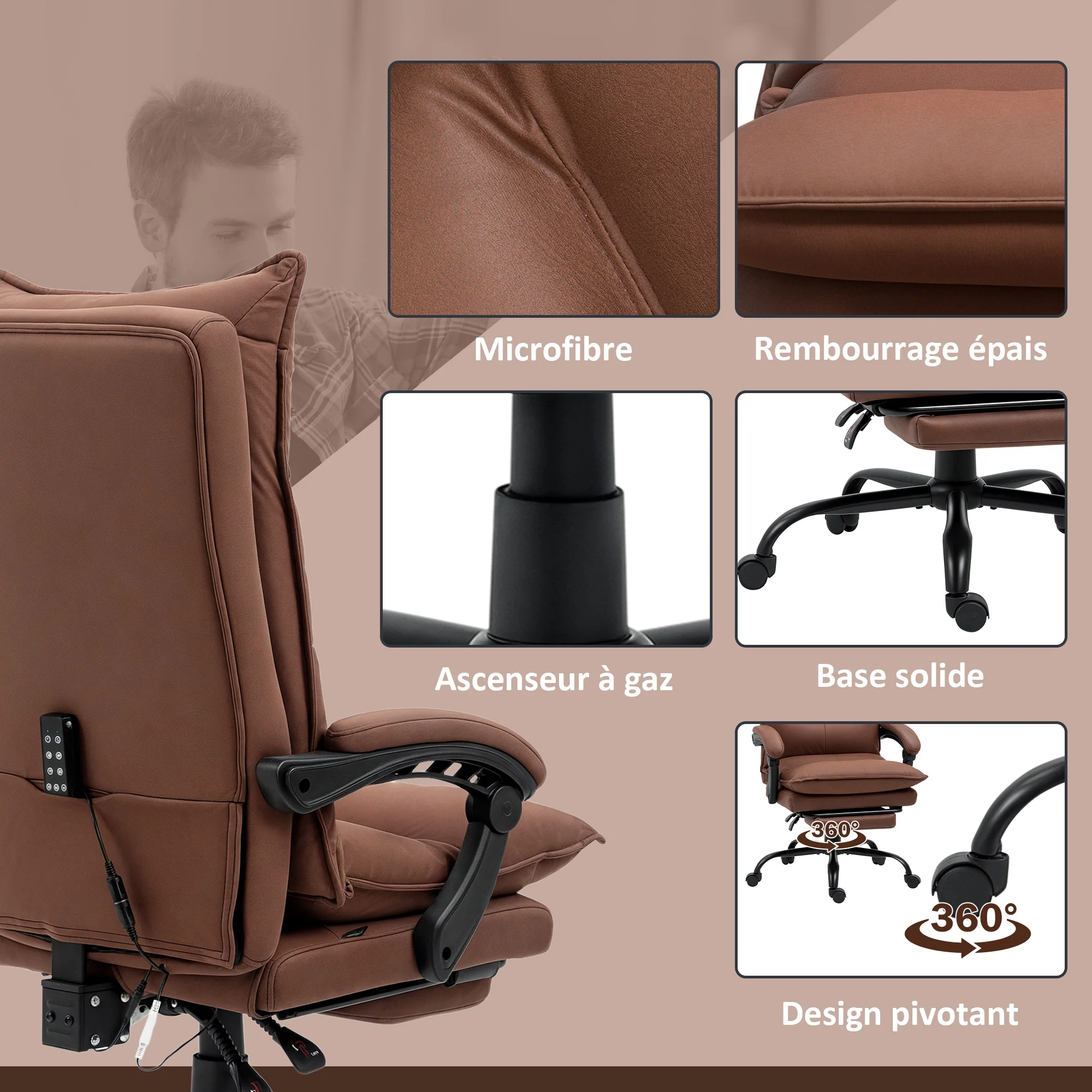 Fauteuil de bureau massant et chauffant, chaise de bureau, chaise ergonomique avec hauteur réglable, dossier inclinable et télécommande filaire, pivotant à 360°, tissu en microfibre, marron - Image 9