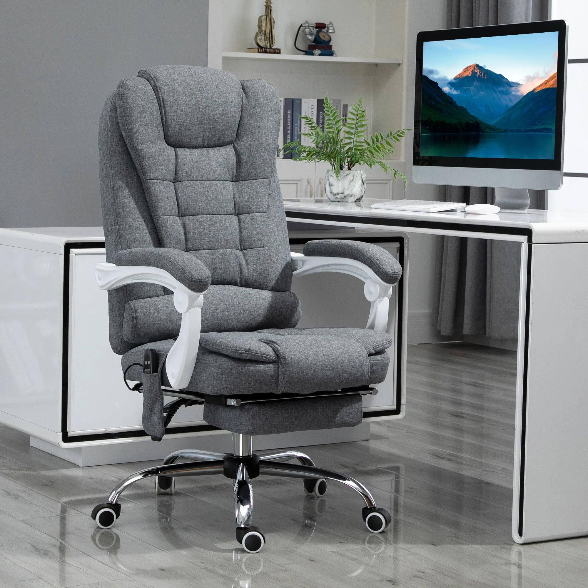 Fauteuil de bureau massant et chauffant, chaise de bureau, chaise ergonomique avec hauteur réglable, dossier inclinable et télécommande filaire, pivotant à 360°, en toile de lin, gris - Image 3