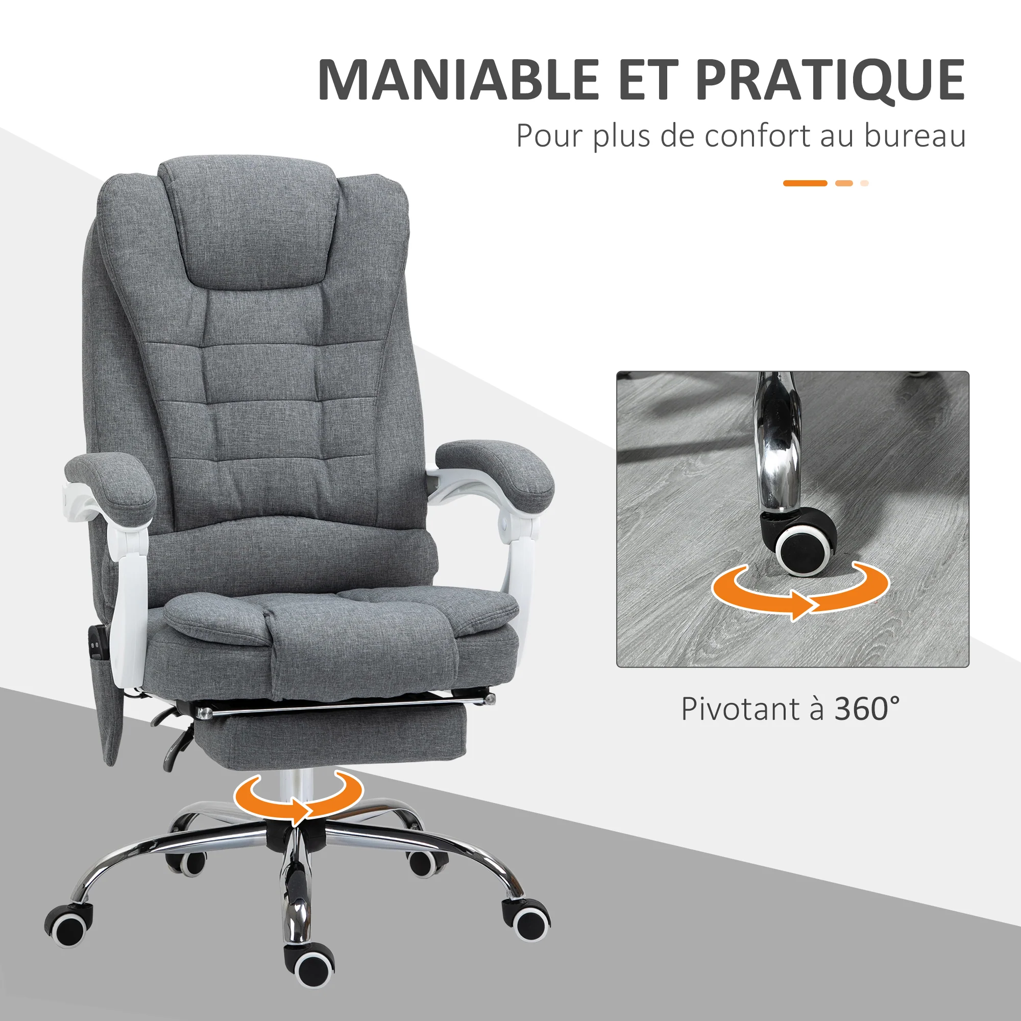 Fauteuil de bureau massant et chauffant, chaise de bureau, chaise ergonomique avec hauteur réglable, dossier inclinable et télécommande filaire, pivotant à 360°, en toile de lin, gris - Image 6