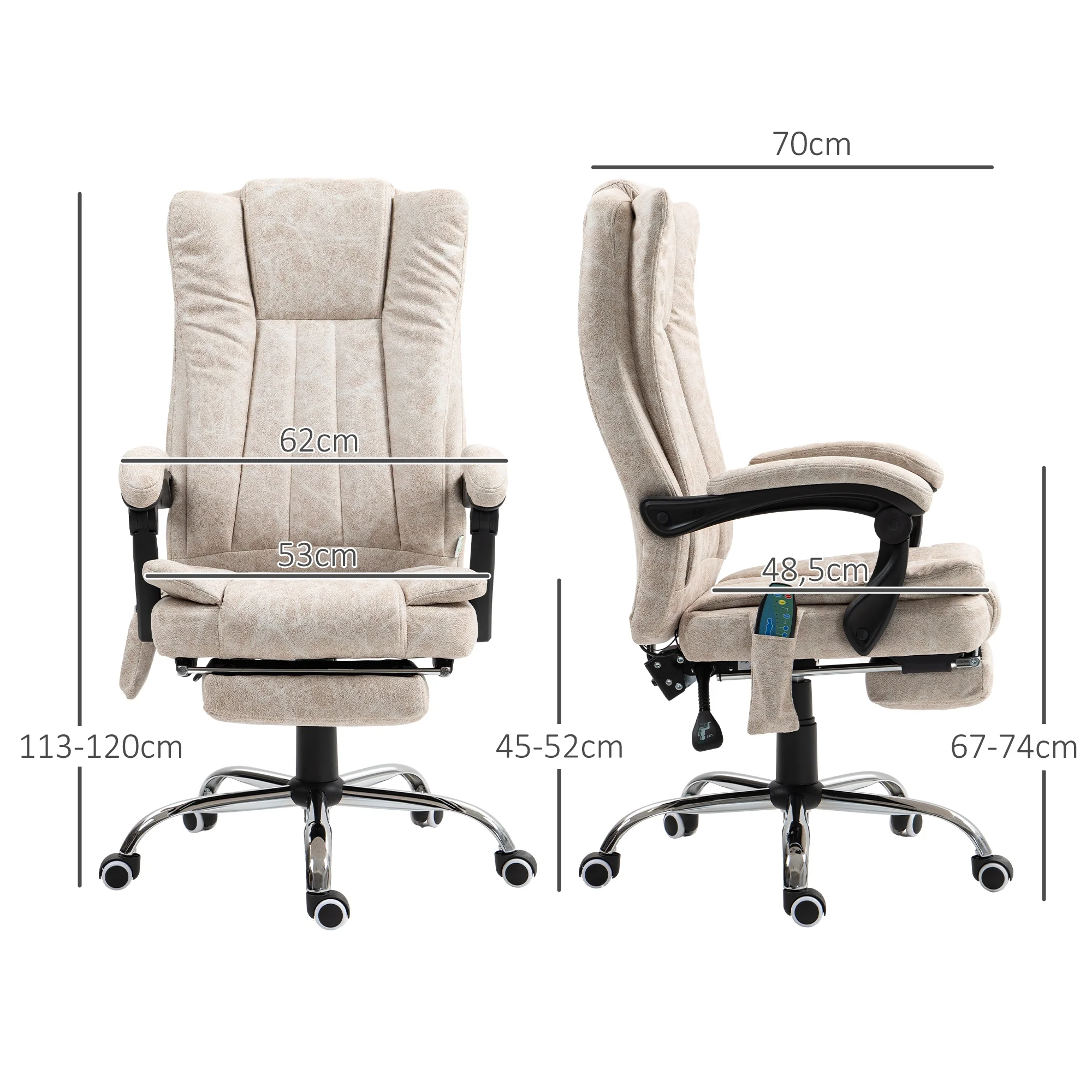 Fauteuil de bureau massant et chauffant, chaise de bureau, chaise ergonomique avec hauteur réglable, dossier inclinable, repose-pied et télécommande filaire, pivotant à 360°, crème - Image 4