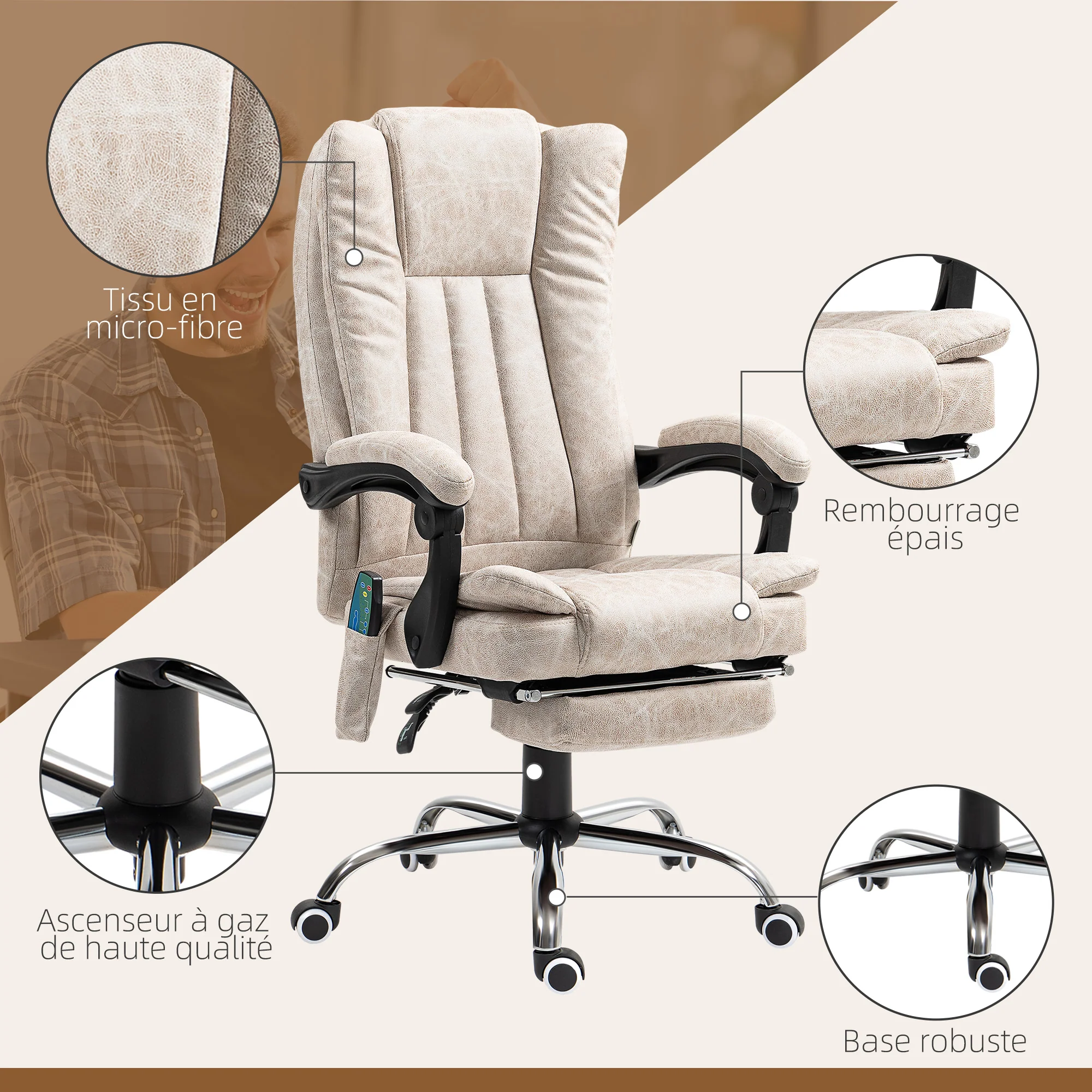 Fauteuil de bureau massant et chauffant, chaise de bureau, chaise ergonomique avec hauteur réglable, dossier inclinable, repose-pied et télécommande filaire, pivotant à 360°, crème - Image 8