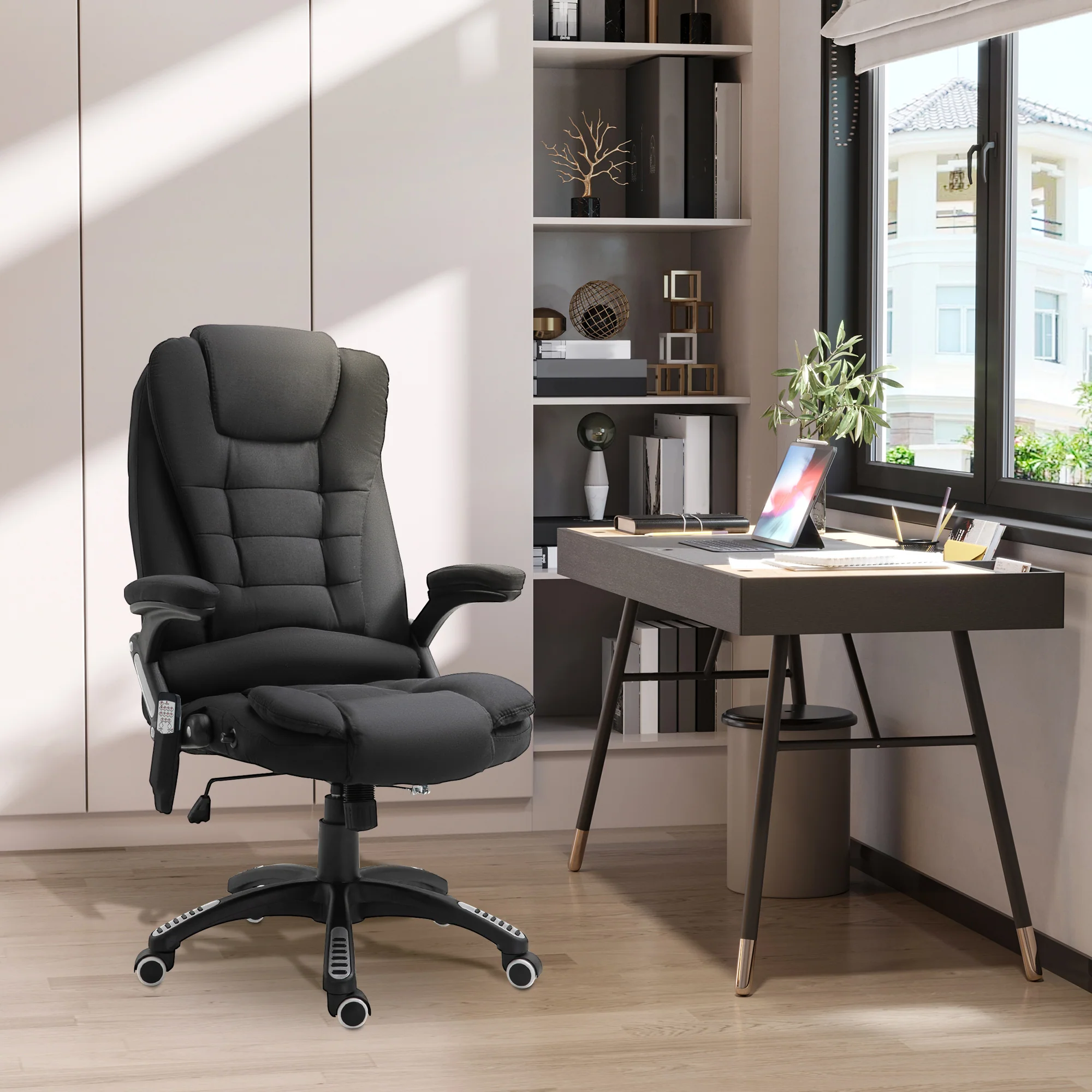 Fauteuil de bureau massant et chauffant, chaise de bureau, chaise ergonomique avec hauteur réglable, dossier inclinable et télécommande filaire, pivotant à 360° tissu en polyester noir - Image 3