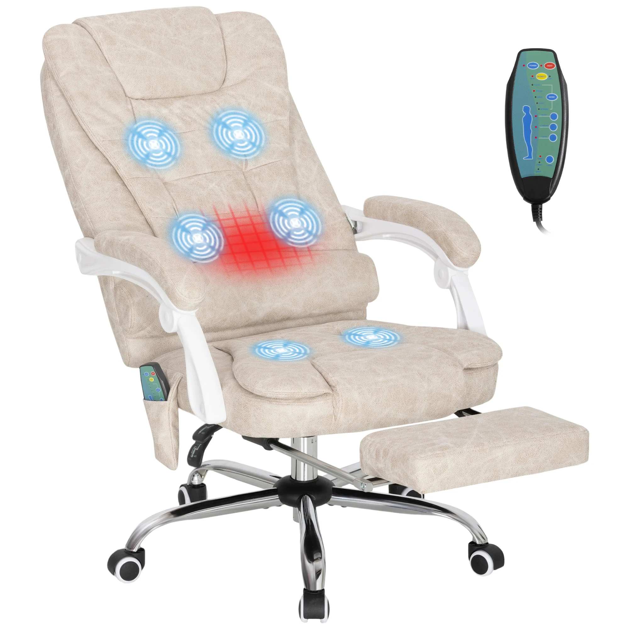 Fauteuil de bureau massant et chauffant, chaise de bureau ergonomique hauteur réglable, dossier inclinable, repose-pieds, télécommande filaire, pivotant 360°, tissu en microfibre, crème - Image 11