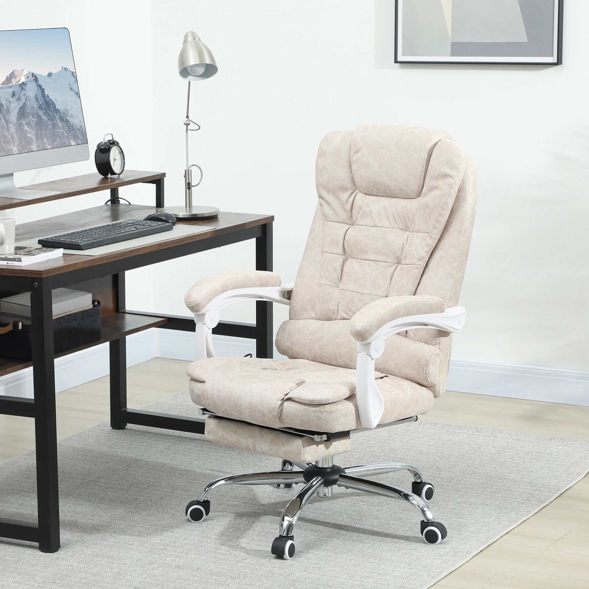 Fauteuil de bureau massant et chauffant, chaise de bureau ergonomique hauteur réglable, dossier inclinable, repose-pieds, télécommande filaire, pivotant 360°, tissu en microfibre, crème - Image 3