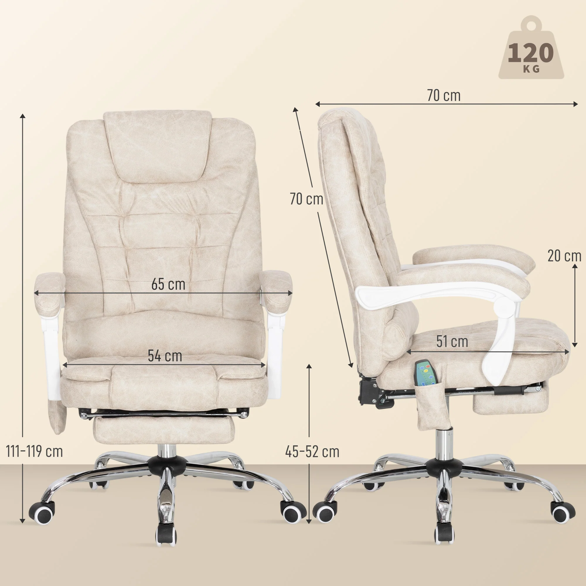 Fauteuil de bureau massant et chauffant, chaise de bureau ergonomique hauteur réglable, dossier inclinable, repose-pieds, télécommande filaire, pivotant 360°, tissu en microfibre, crème - Image 4