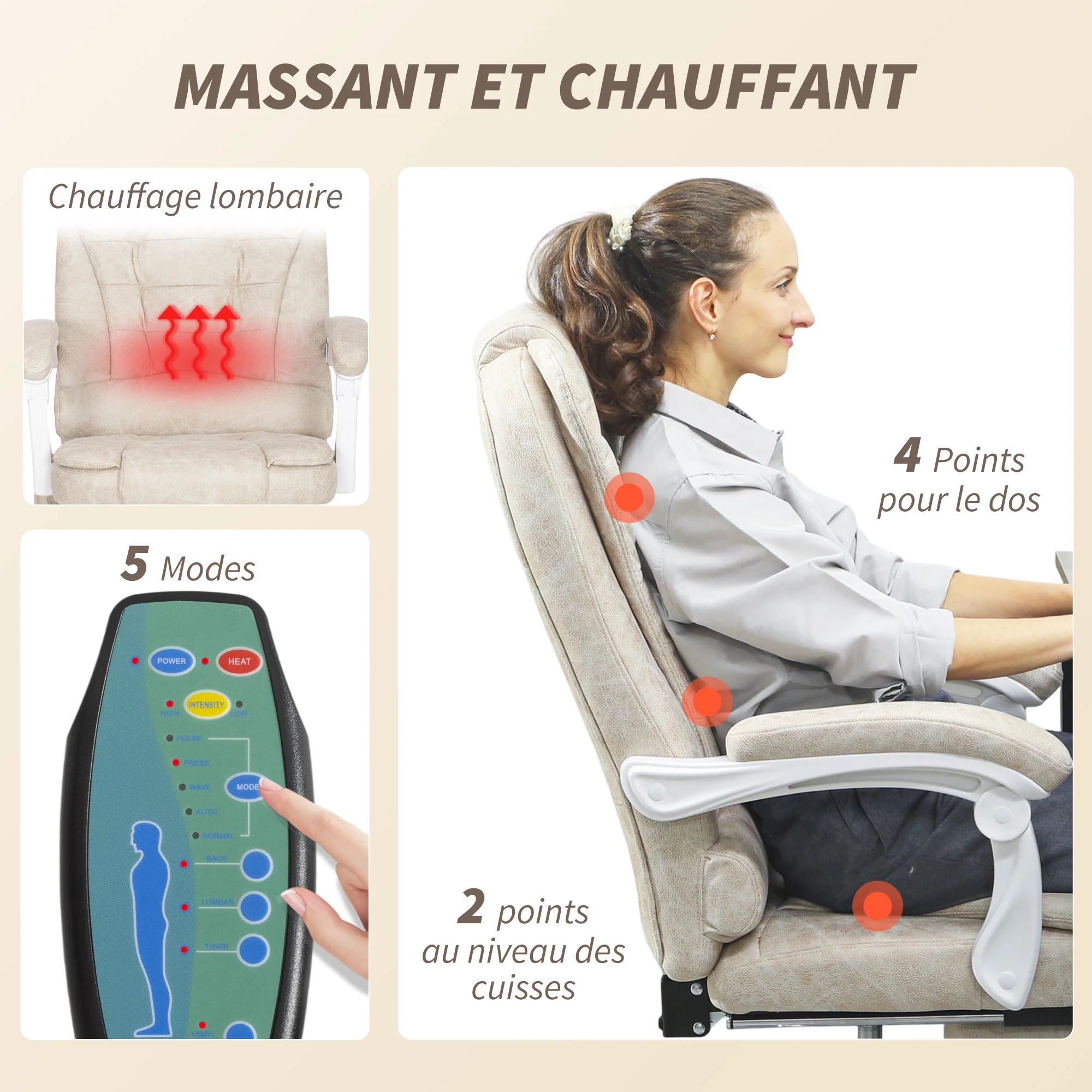 Fauteuil de bureau massant et chauffant, chaise de bureau ergonomique hauteur réglable, dossier inclinable, repose-pieds, télécommande filaire, pivotant 360°, tissu en microfibre, crème - Image 5