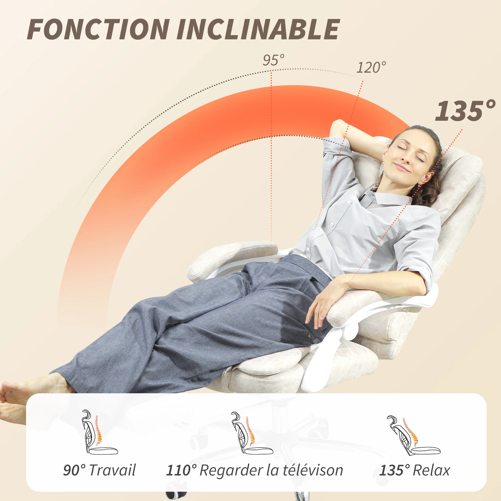 Fauteuil de bureau massant et chauffant, chaise de bureau ergonomique hauteur réglable, dossier inclinable, repose-pieds, télécommande filaire, pivotant 360°, tissu en microfibre, crème - Image 6