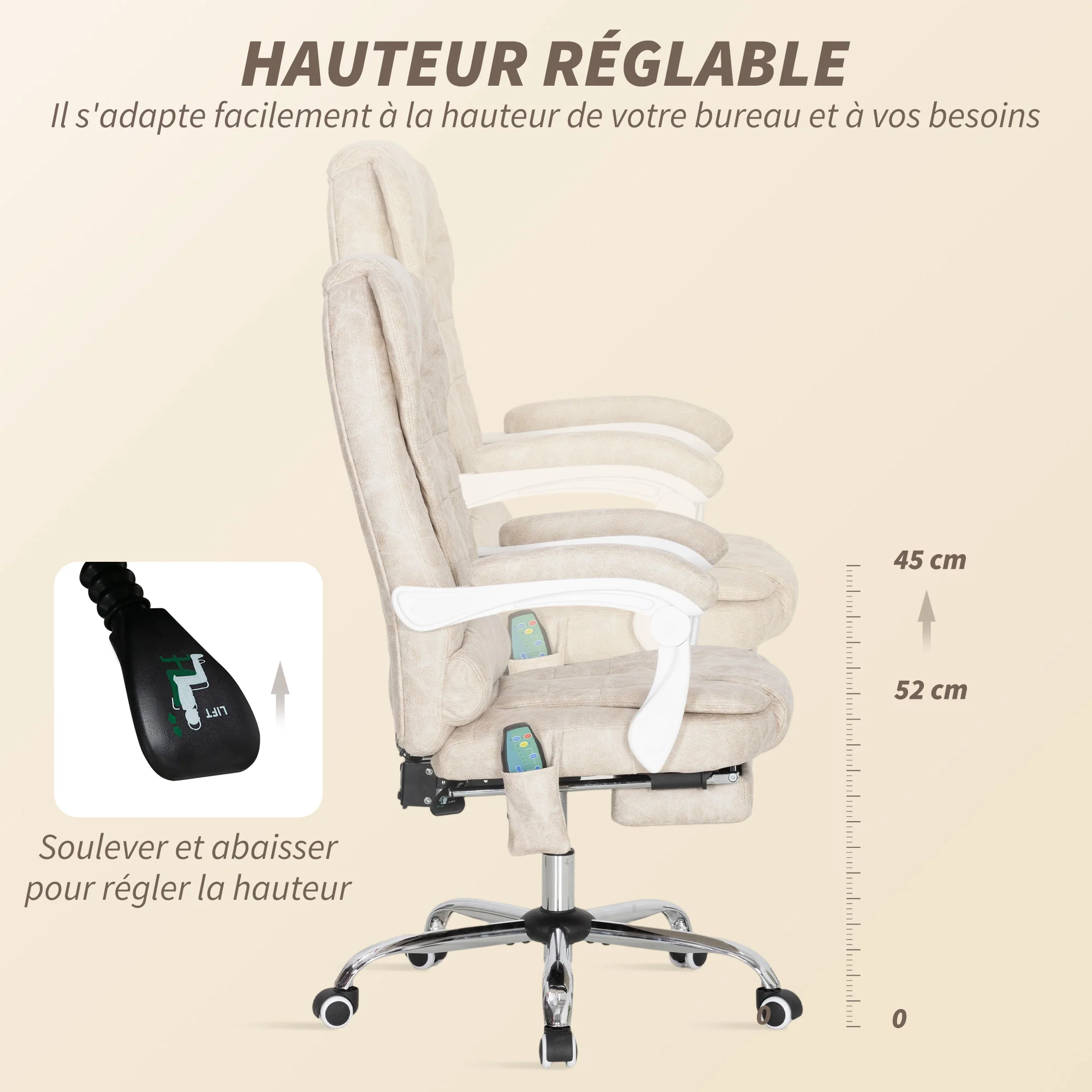 Fauteuil de bureau massant et chauffant, chaise de bureau ergonomique hauteur réglable, dossier inclinable, repose-pieds, télécommande filaire, pivotant 360°, tissu en microfibre, crème - Image 7