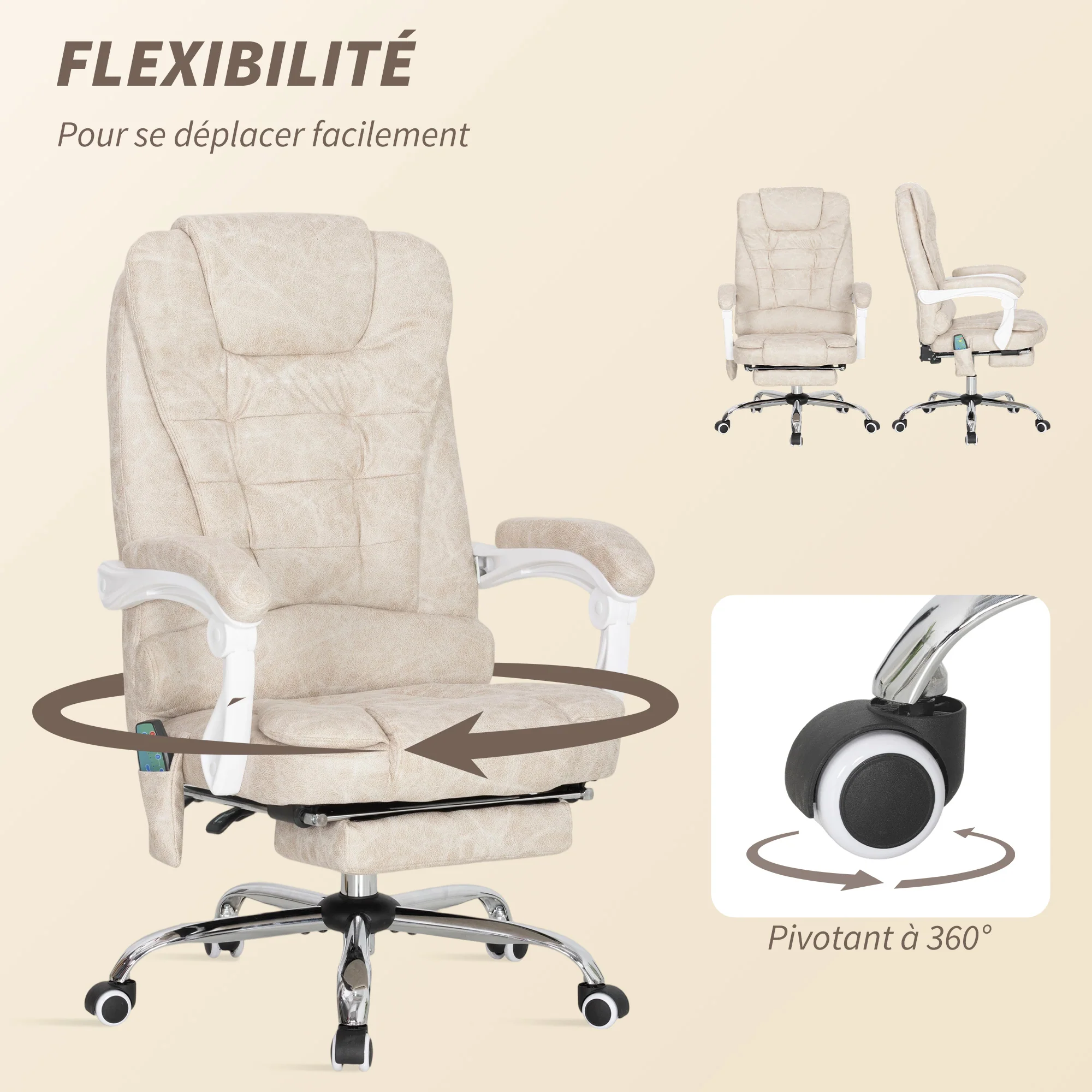 Fauteuil de bureau massant et chauffant, chaise de bureau ergonomique hauteur réglable, dossier inclinable, repose-pieds, télécommande filaire, pivotant 360°, tissu en microfibre, crème - Image 8