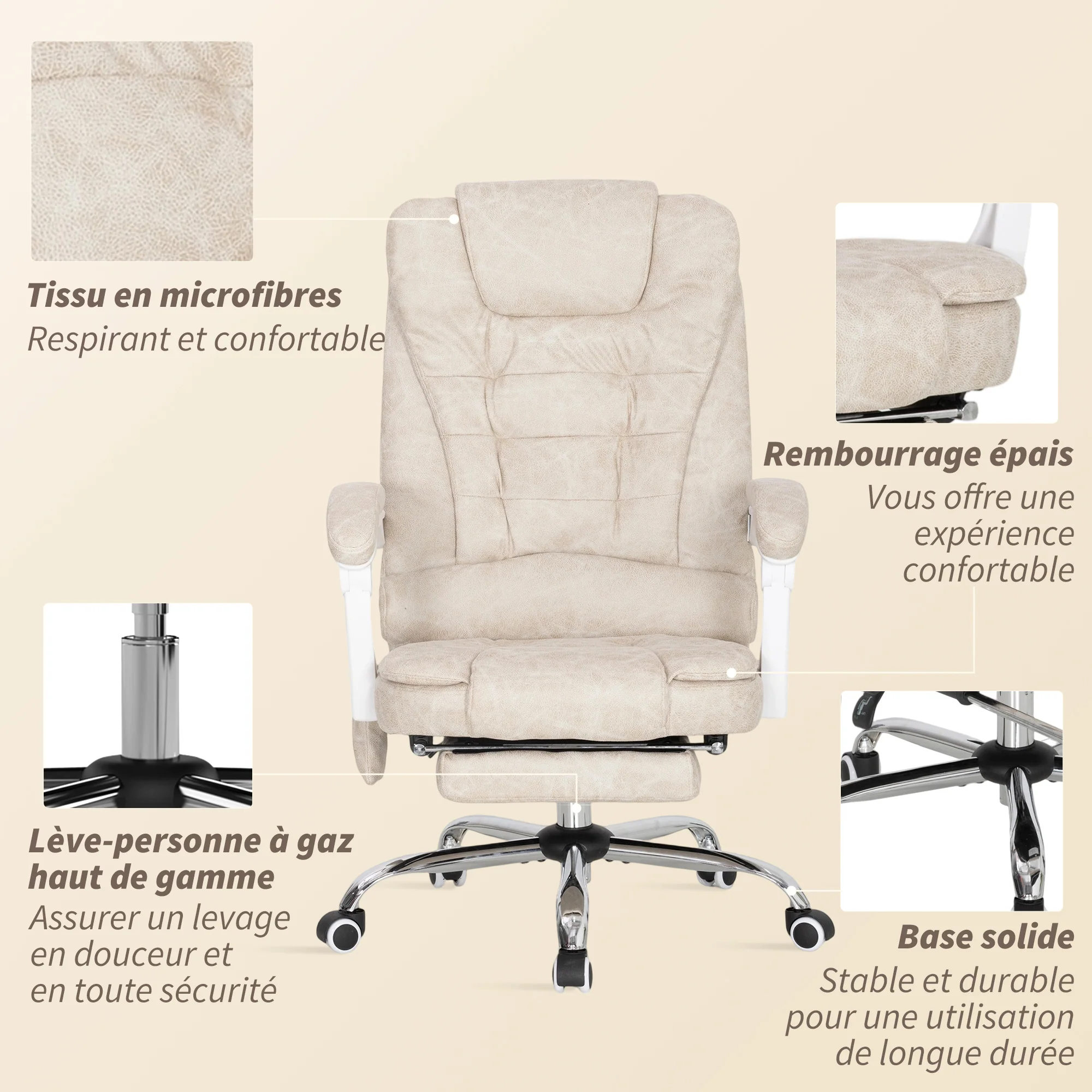 Fauteuil de bureau massant et chauffant, chaise de bureau ergonomique hauteur réglable, dossier inclinable, repose-pieds, télécommande filaire, pivotant 360°, tissu en microfibre, crème - Image 9