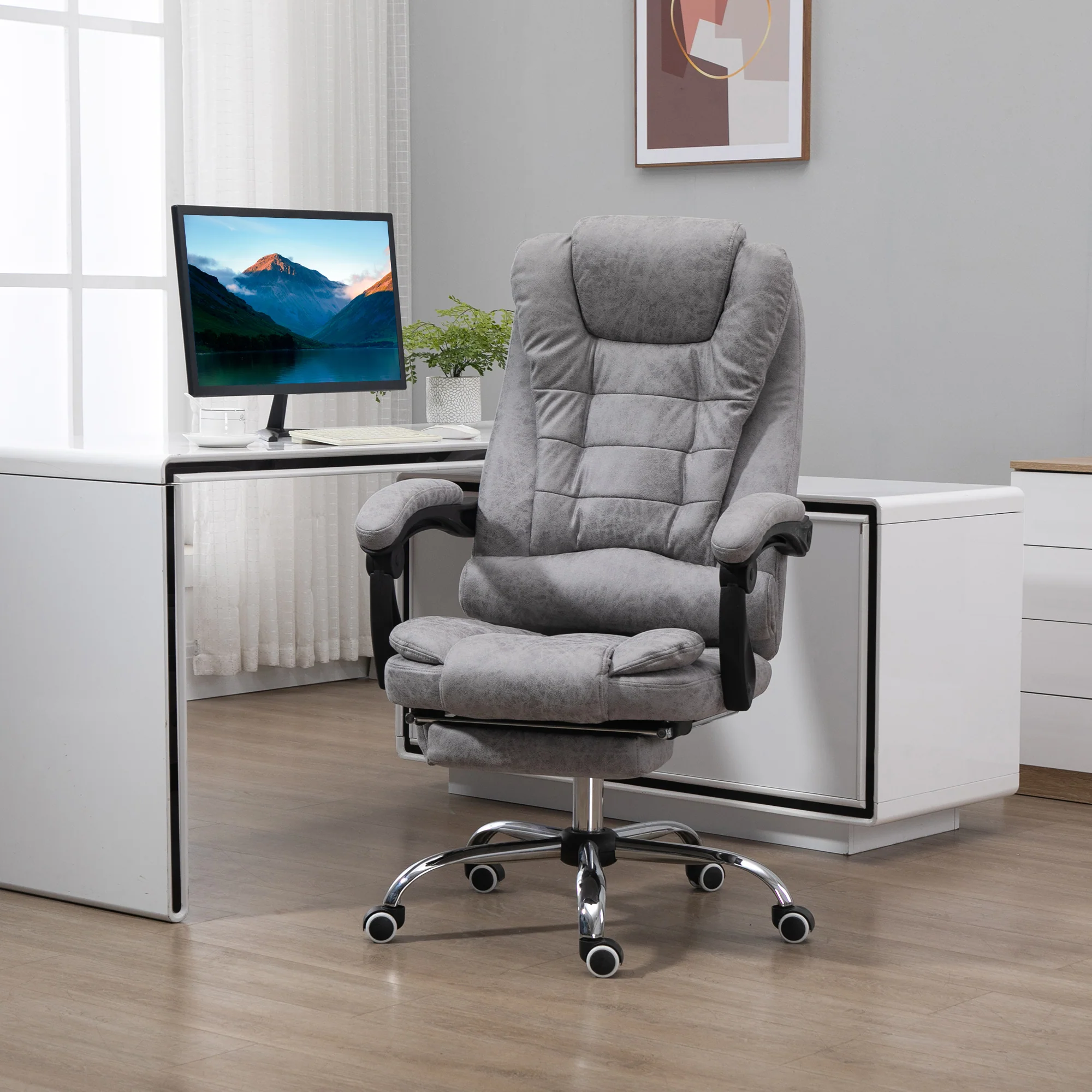 Fauteuil de bureau massant et chauffant, chaise de bureau ergonomique hauteur réglable, dossier inclinable, repose-pieds, télécommande filaire, pivotant 360°, tissu en microfibre, gris - Image 3