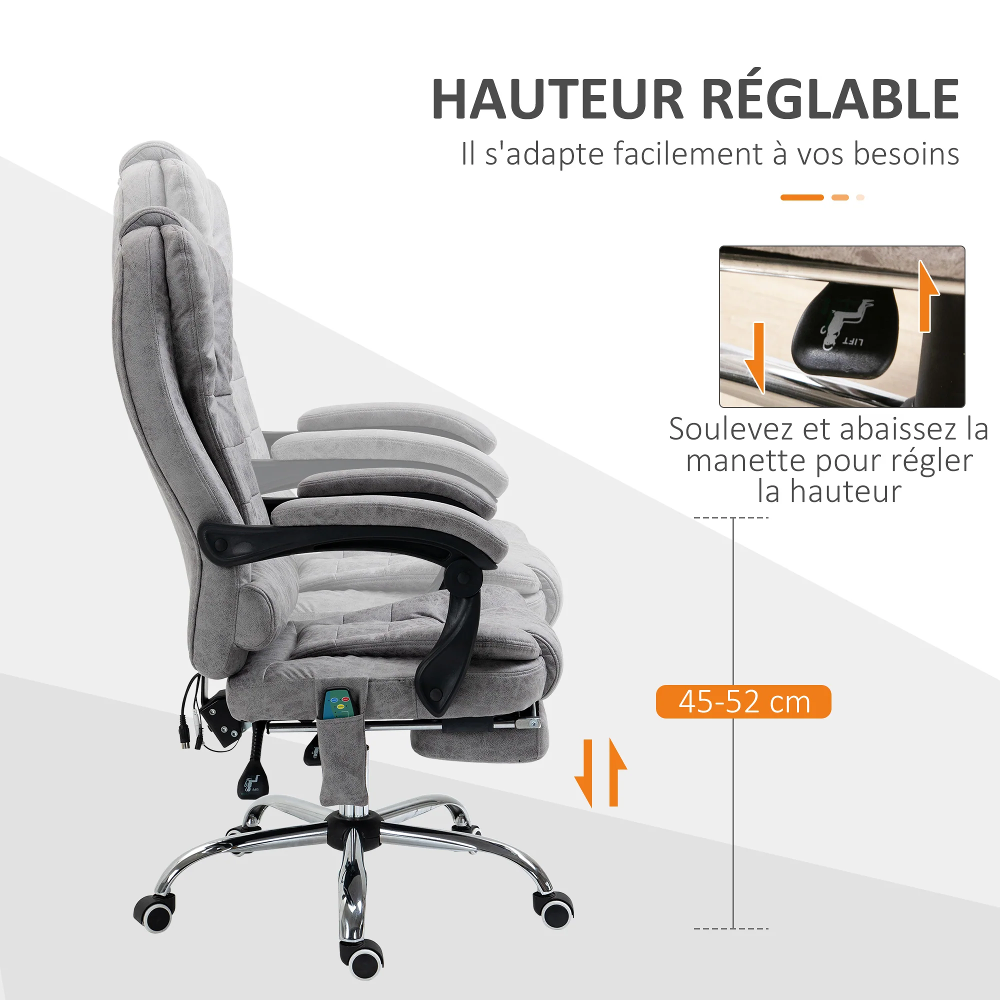 Fauteuil de bureau massant et chauffant, chaise de bureau ergonomique hauteur réglable, dossier inclinable, repose-pieds, télécommande filaire, pivotant 360°, tissu en microfibre, gris - Image 7
