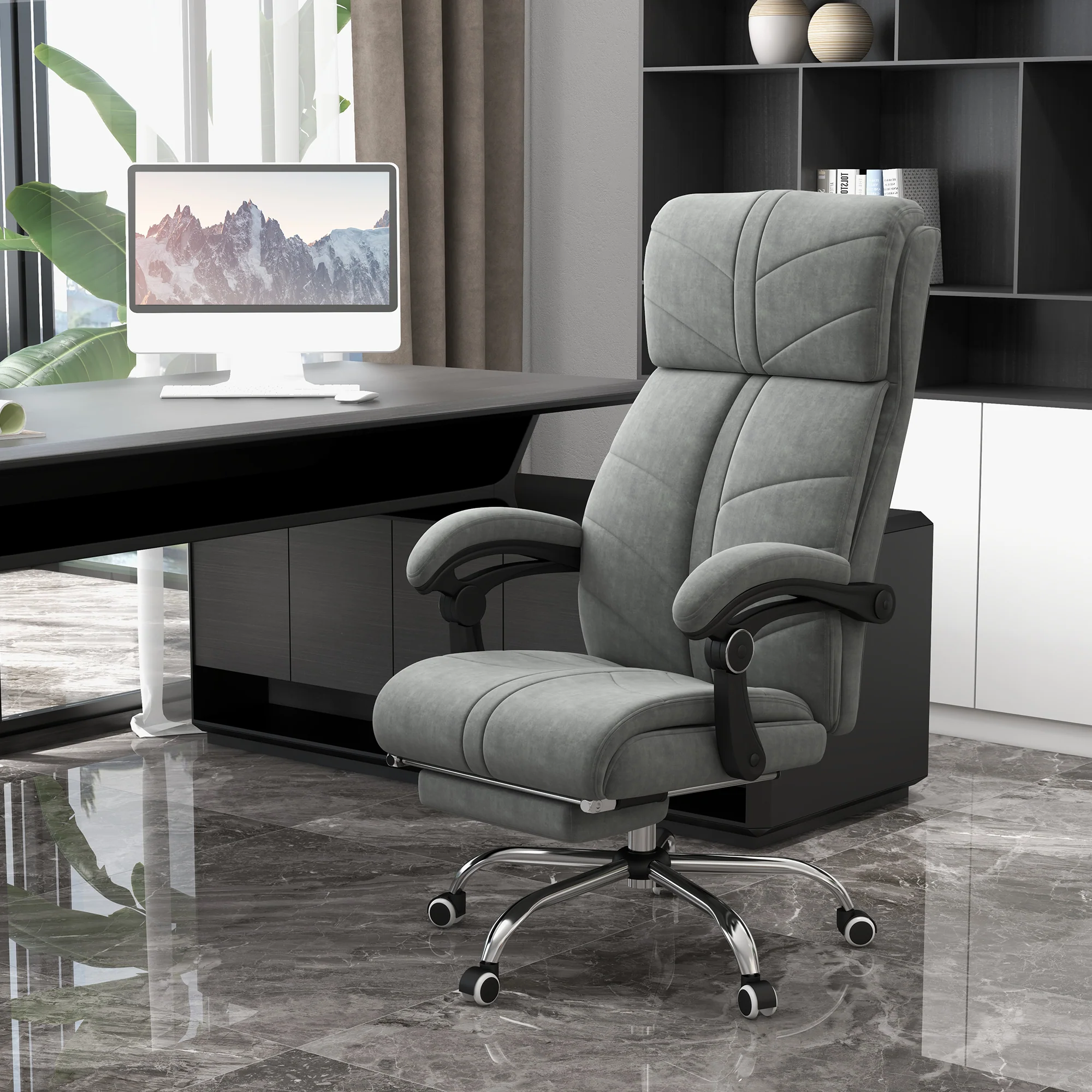 Fauteuil de bureau massant et chauffant chaise pour ordinateur inclinable revêtement en velours avec repose-pieds intégré 5 roulettes design moderne gris - Image 3