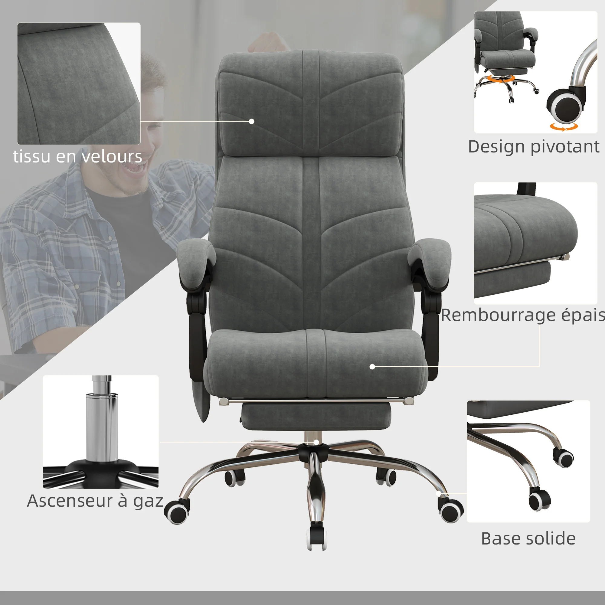 Fauteuil de bureau massant et chauffant chaise pour ordinateur inclinable revêtement en velours avec repose-pieds intégré 5 roulettes design moderne gris - Image 8