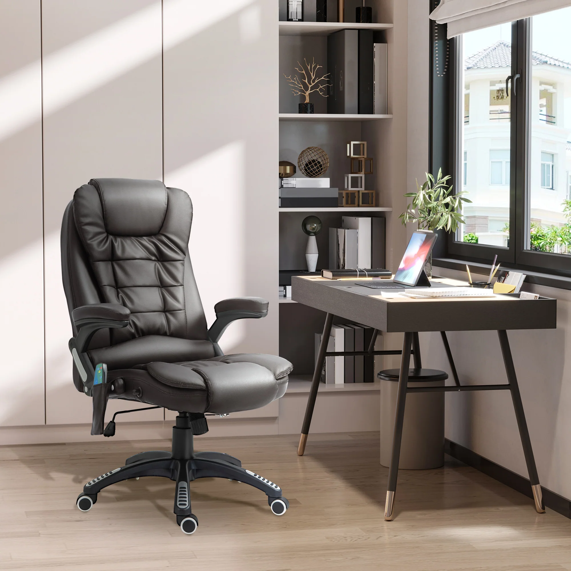Fauteuil de bureau massant et chauffant électrique fauteuil bureau ergonomique revêtement synthétique brun - Image 3